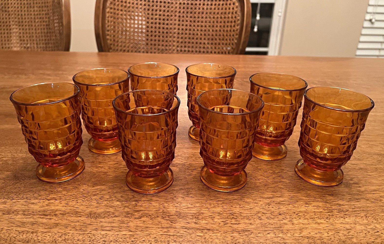 Vintage Indiana Glass Whitehall Amber Footed 4.5” Tumblers Cubist Set of 8 