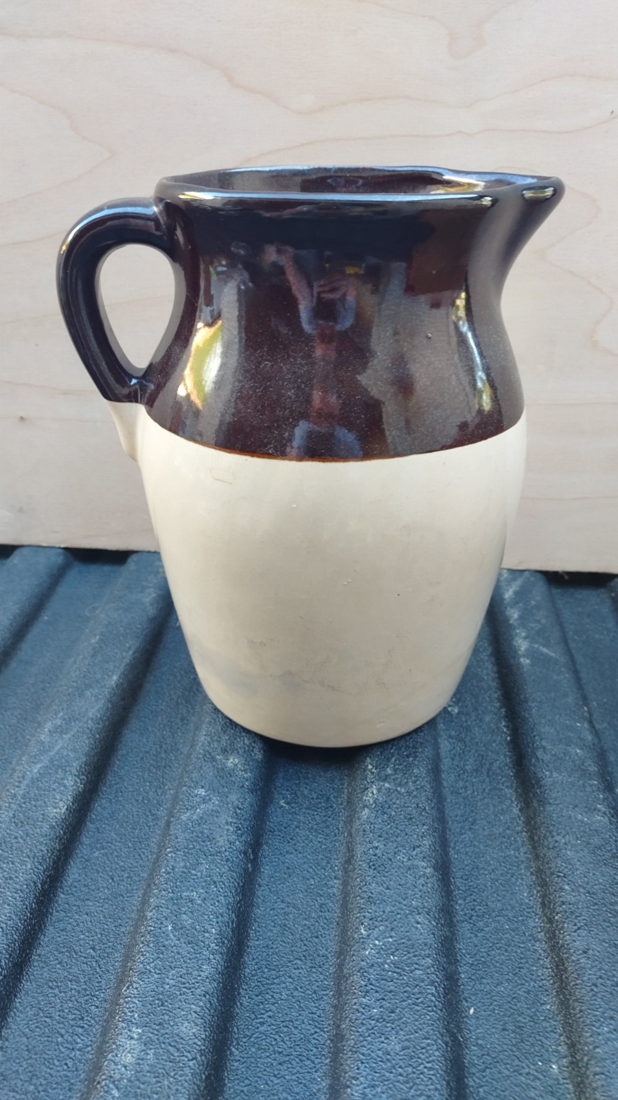 Vintage Two Tone Brown White Stoneware Pitcher Farmhouse Crockery Milk Jug 8\