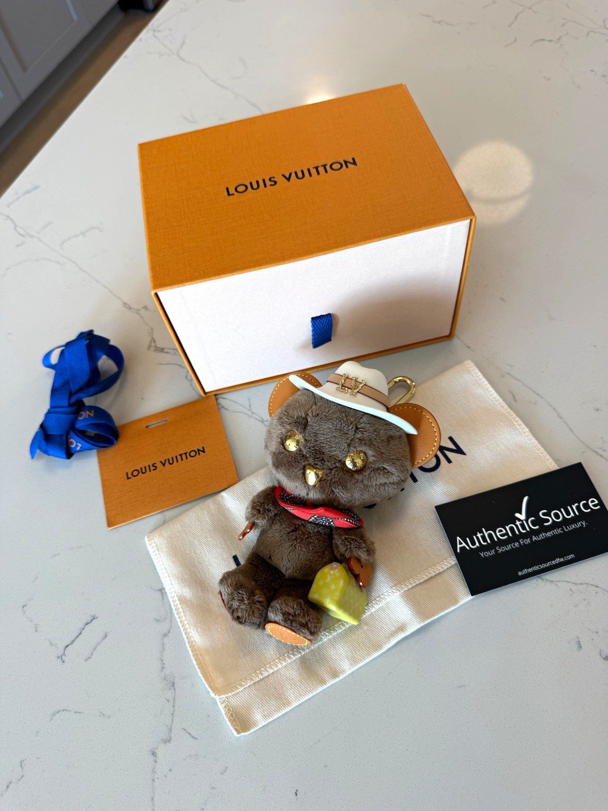 Louis Vuitton Plush Bear Bag Charm Keychain w/ Carabiner Clip Brown/White