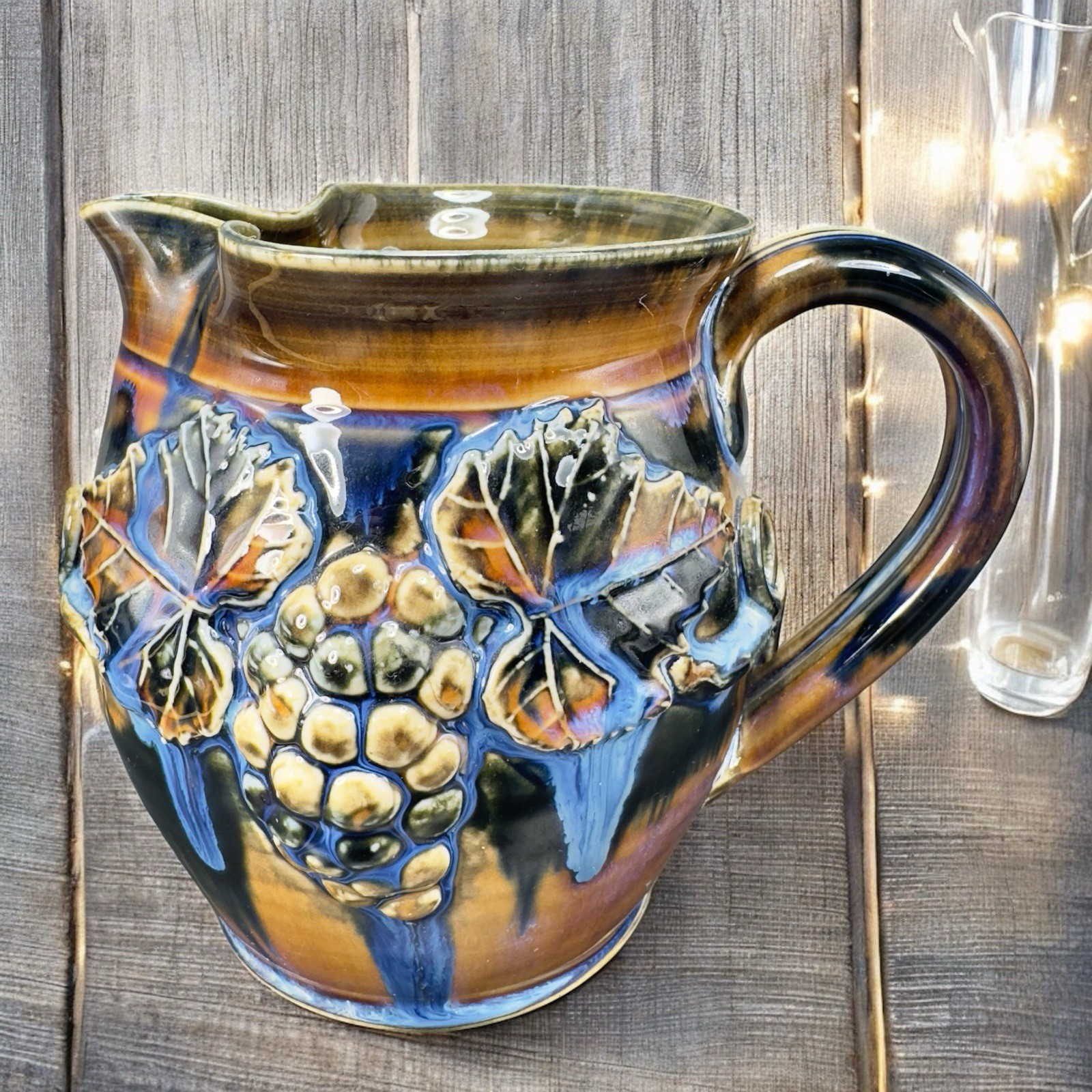 Greg Olson Studio Art Pottery Pitcher Carafe Jug Heavy Glaze Grape Signed VTG