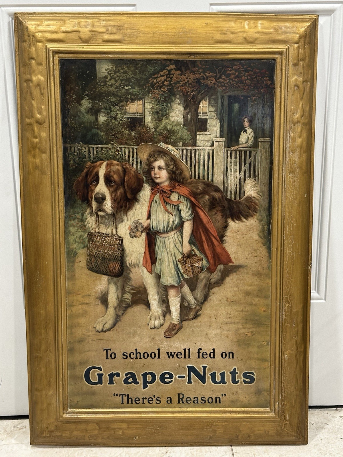 1910s ORIGINAL ANTIQUE GRAPE NUTS TIN LITHO ADVERTISING SIGN To School Well Fed