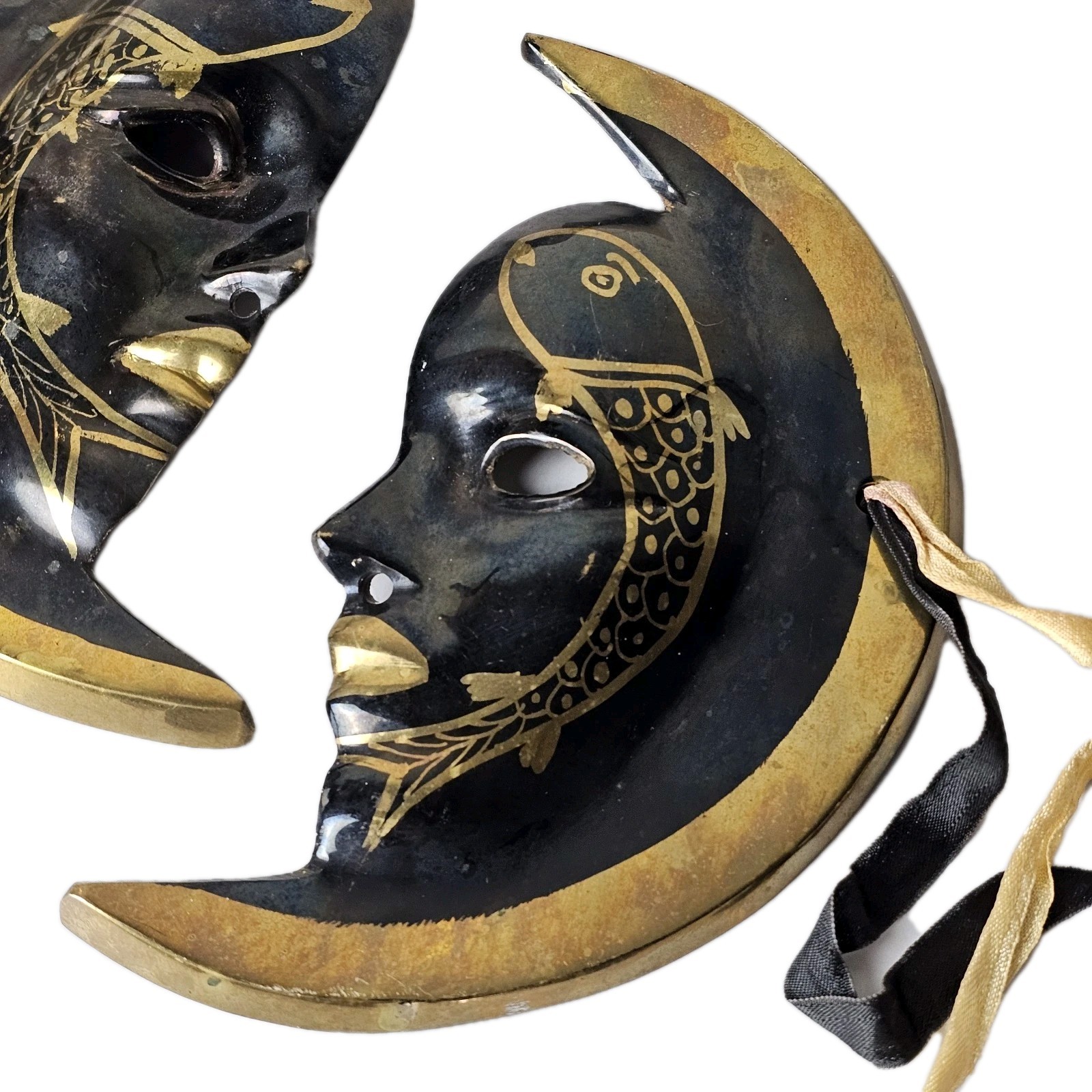 Vintage Brass Handpainted Pisces Crescent Moon Face Celestial Wall Art  Set of 2