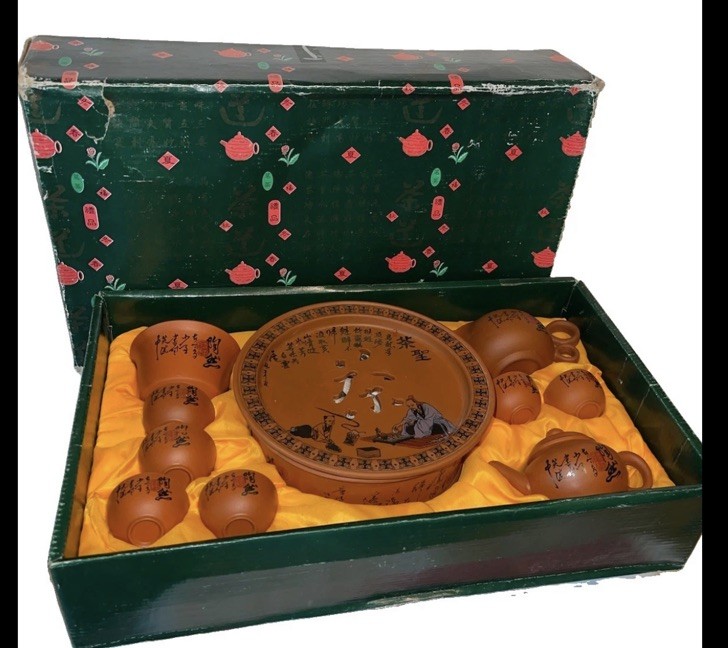 Nice Vintage Terra Cotta Pottery Asian Boxed Tea Set 14 Piece 