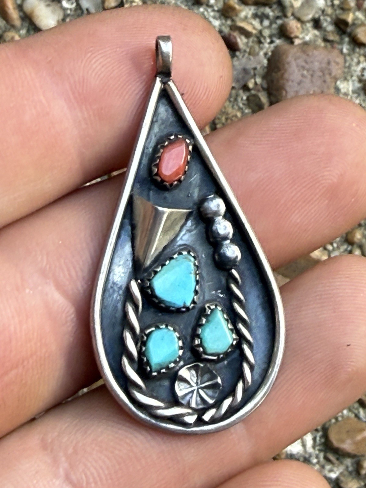 Vintage Southwestern Navajo Style Sterling Silver Turquoise And Coral Pendant