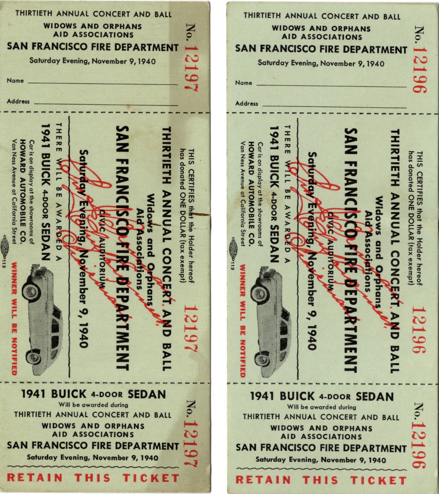 1940 San Francisco Fire Department Thirtieth Annual Concert and Ball Tickets