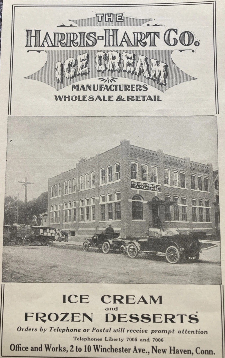 1923 Harris-Hart Co Ice Cream Print Ad New Haven CT Manufacturer & Retail
