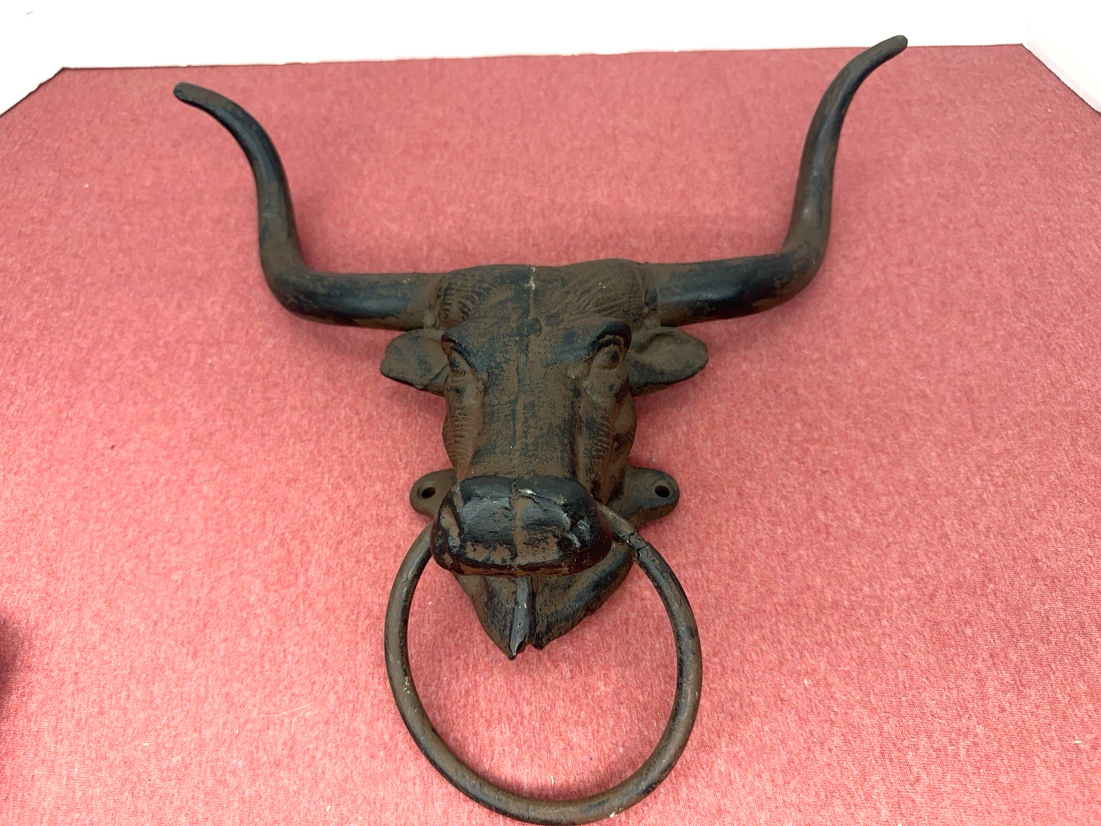 vintage cast iron long horn steer towel coat door knocker mancave decor heavy