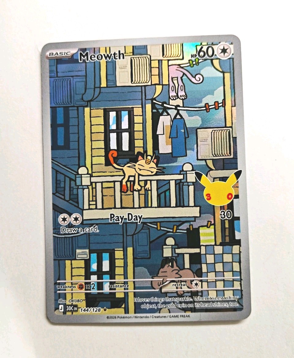 Meowth 144/128 Holo Illustration Rare ME: 30th Celebration Pokemon Near Mint ✅