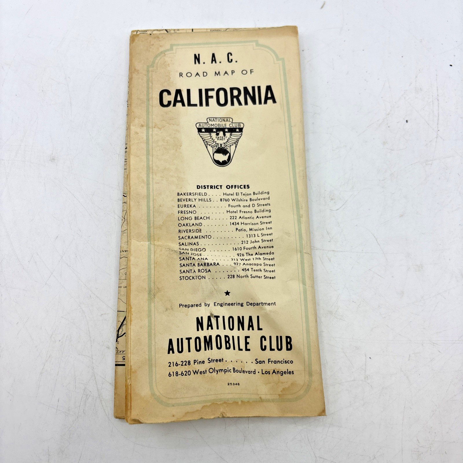 1939 N.A.C. Road Map of California – National Automobile Club San Francisco LA