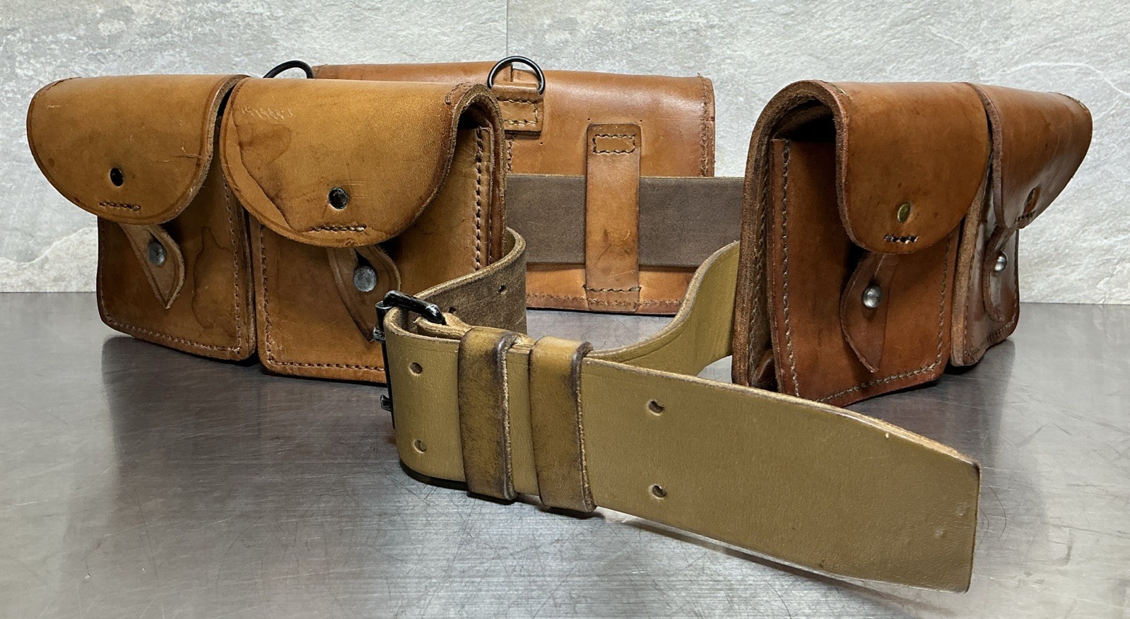 (3) French Military MAS 49/56 Leather Mag Pouches & Army Tan Equipment Belt Lot