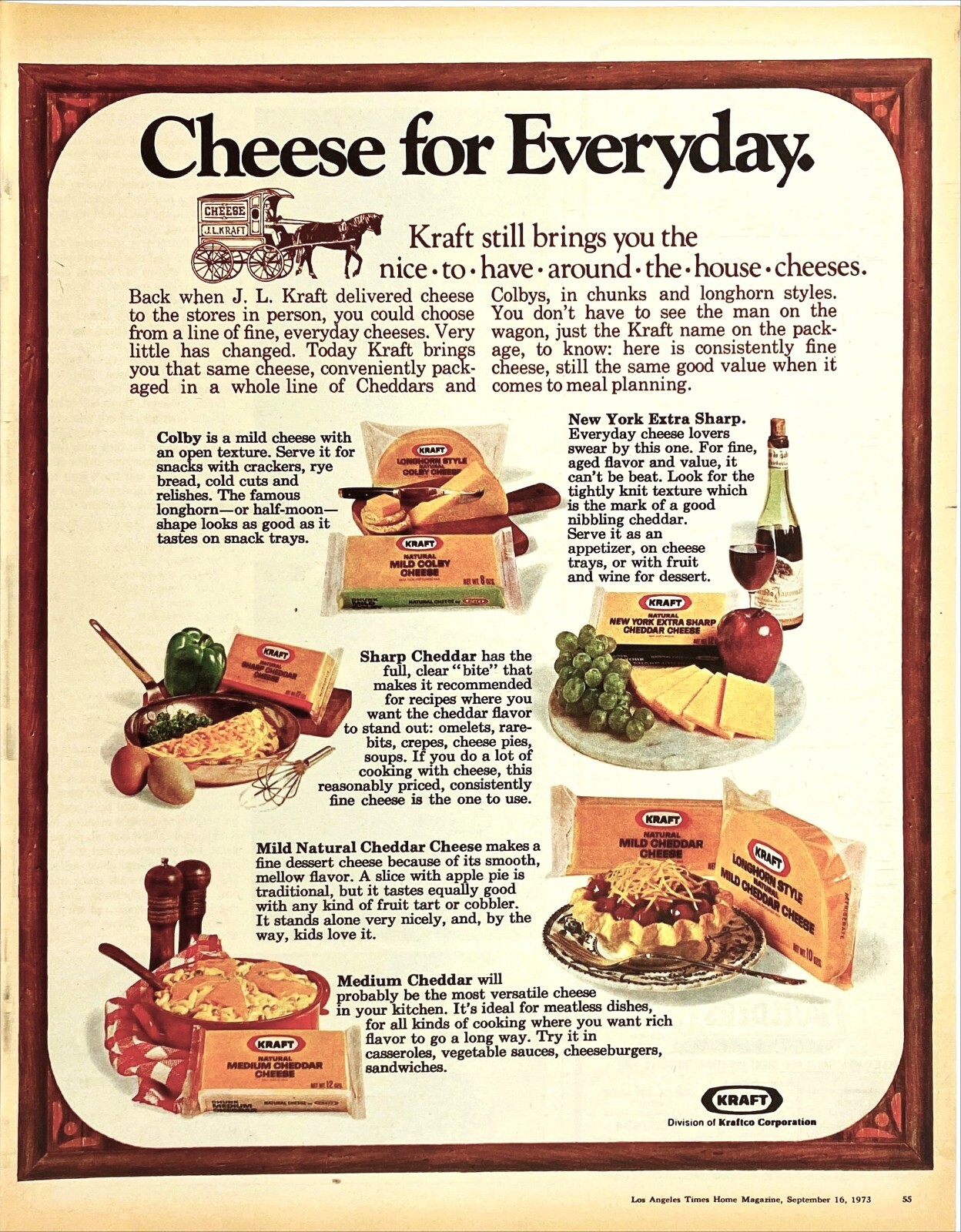 Kraft Cheese Colby Mild Medium New York Sharp Cheddar 1973 Vtg Magazine Print Ad