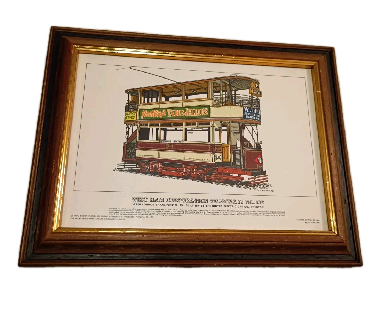 Vintage West Ham Corp Tramways Number 102 Print Wooden Frame with Gold Trim 1967