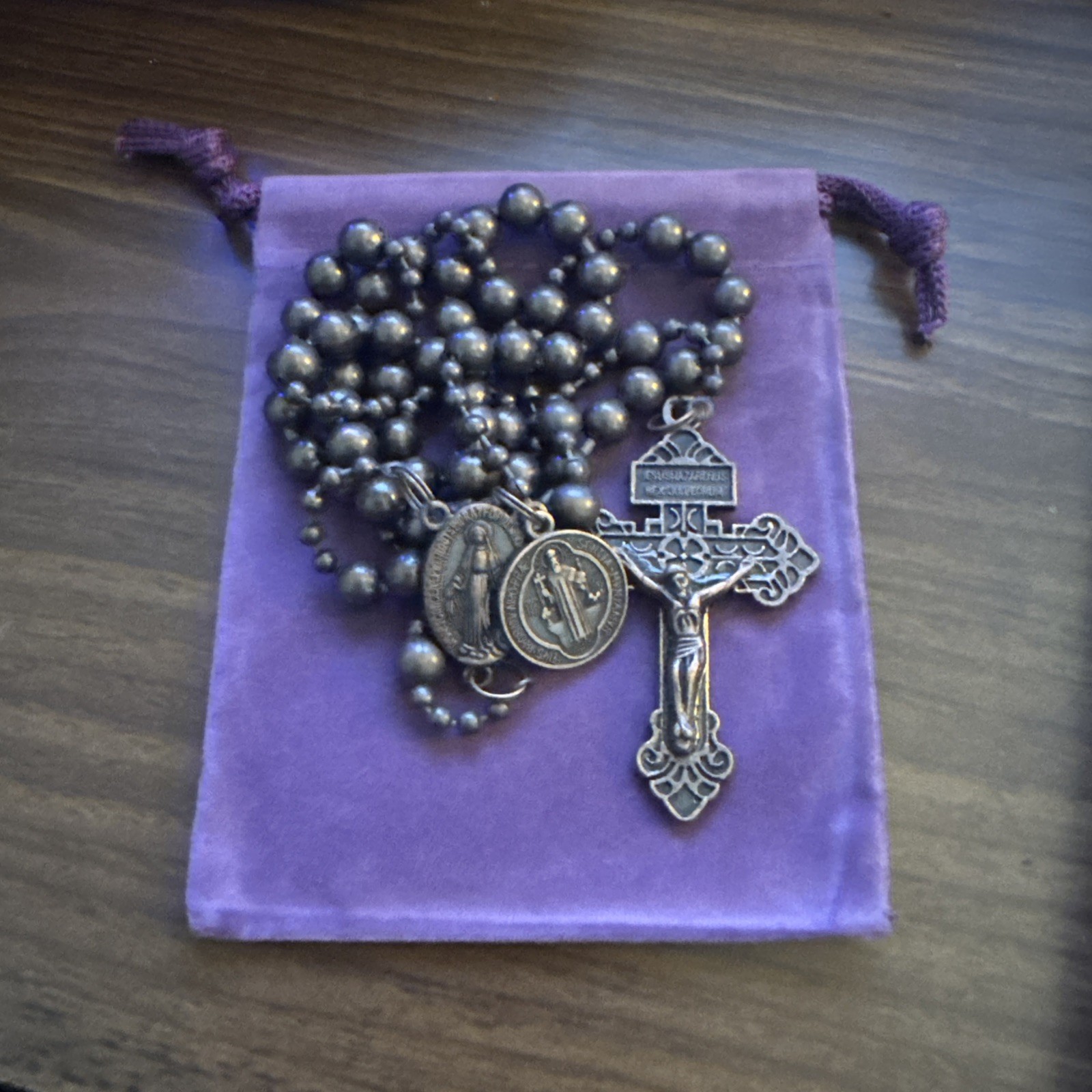 Antique Bronze Metal Combat Military Battle Rosary Catholic W/St Benedict Medal