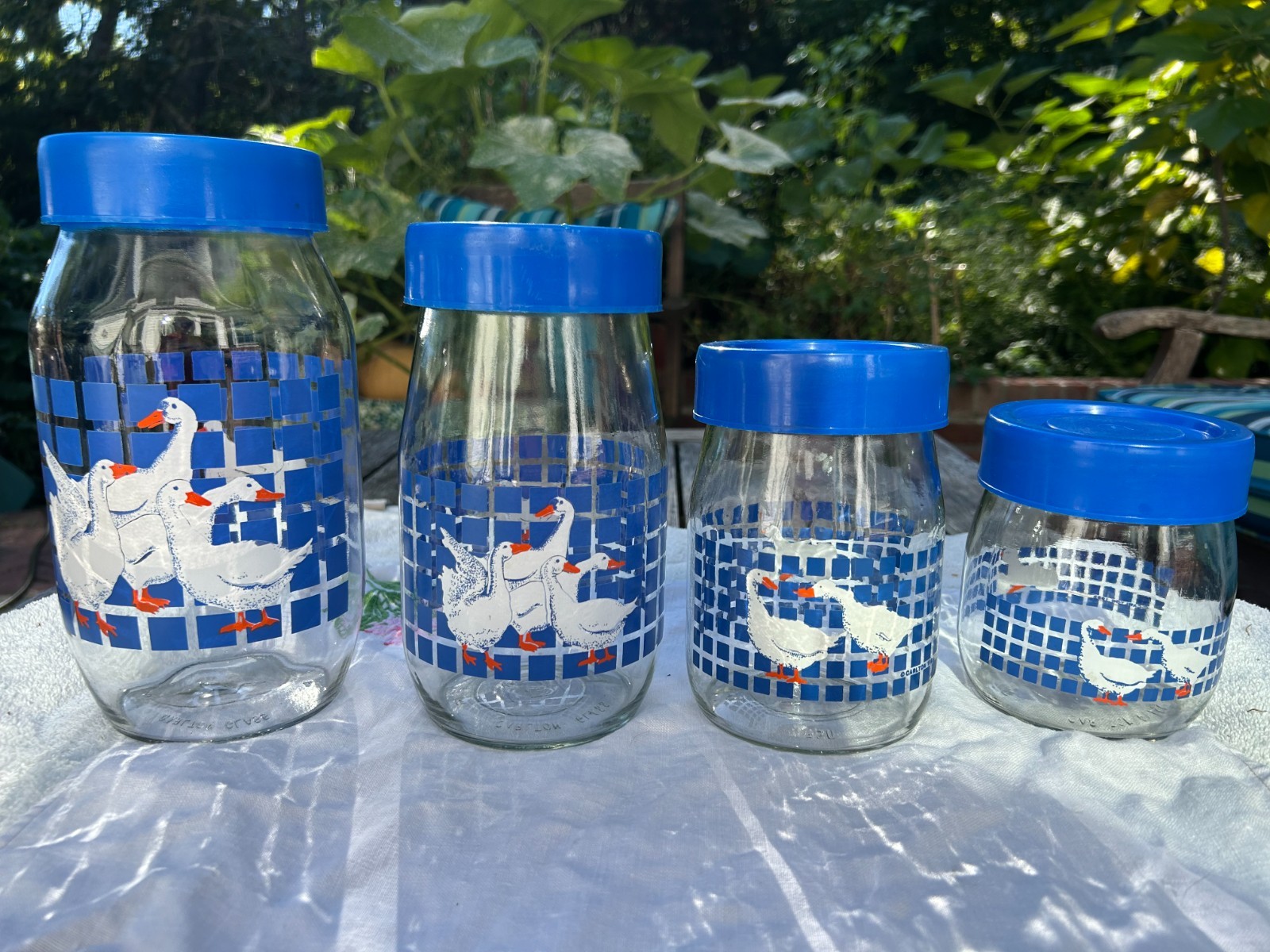 4 Vintage Carlton Glass Kitchen Containers Blue Geese Canister Set Storage