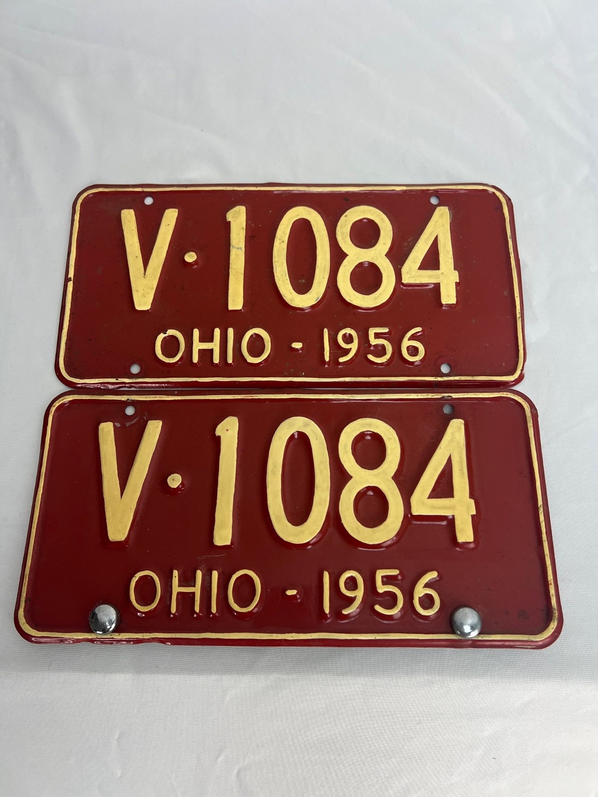 Ohio 1956 License Plates Pair V-1084 Red Yellow Embossed Metal Wall Art Mancave