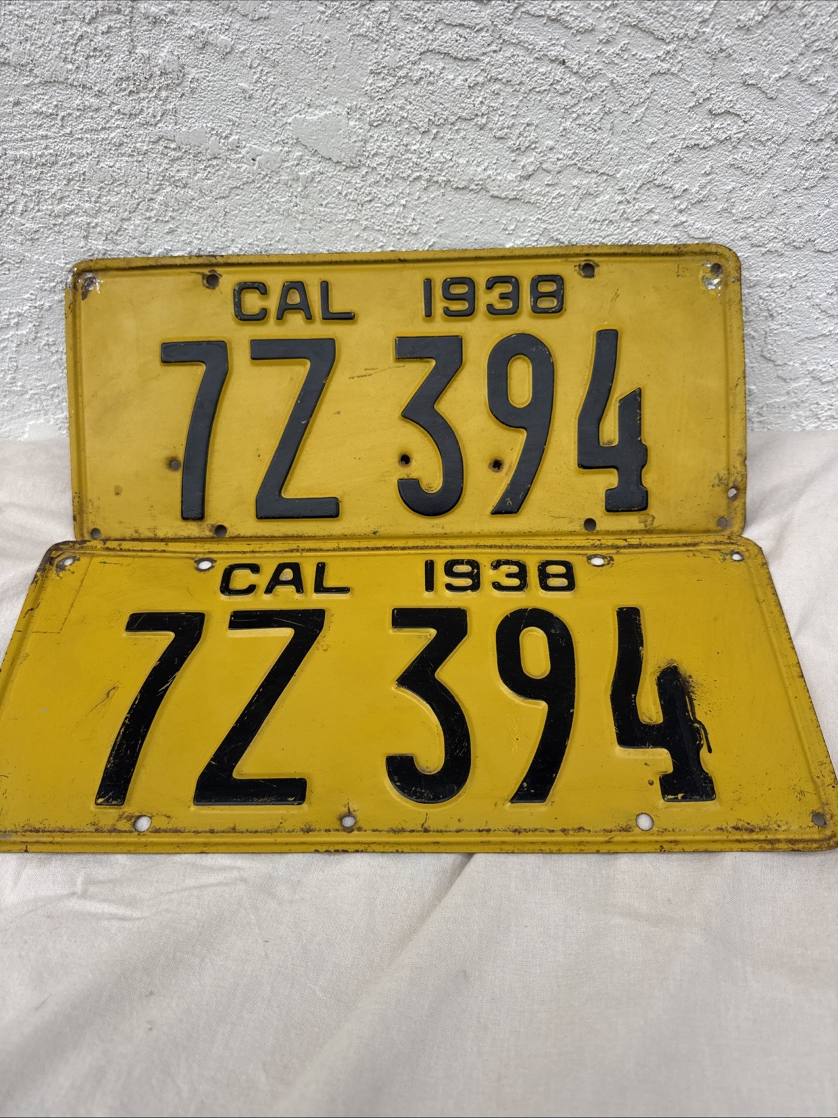 Vintage 1938 California License Plate Pair 7Z394 Original w/Bullet Holes