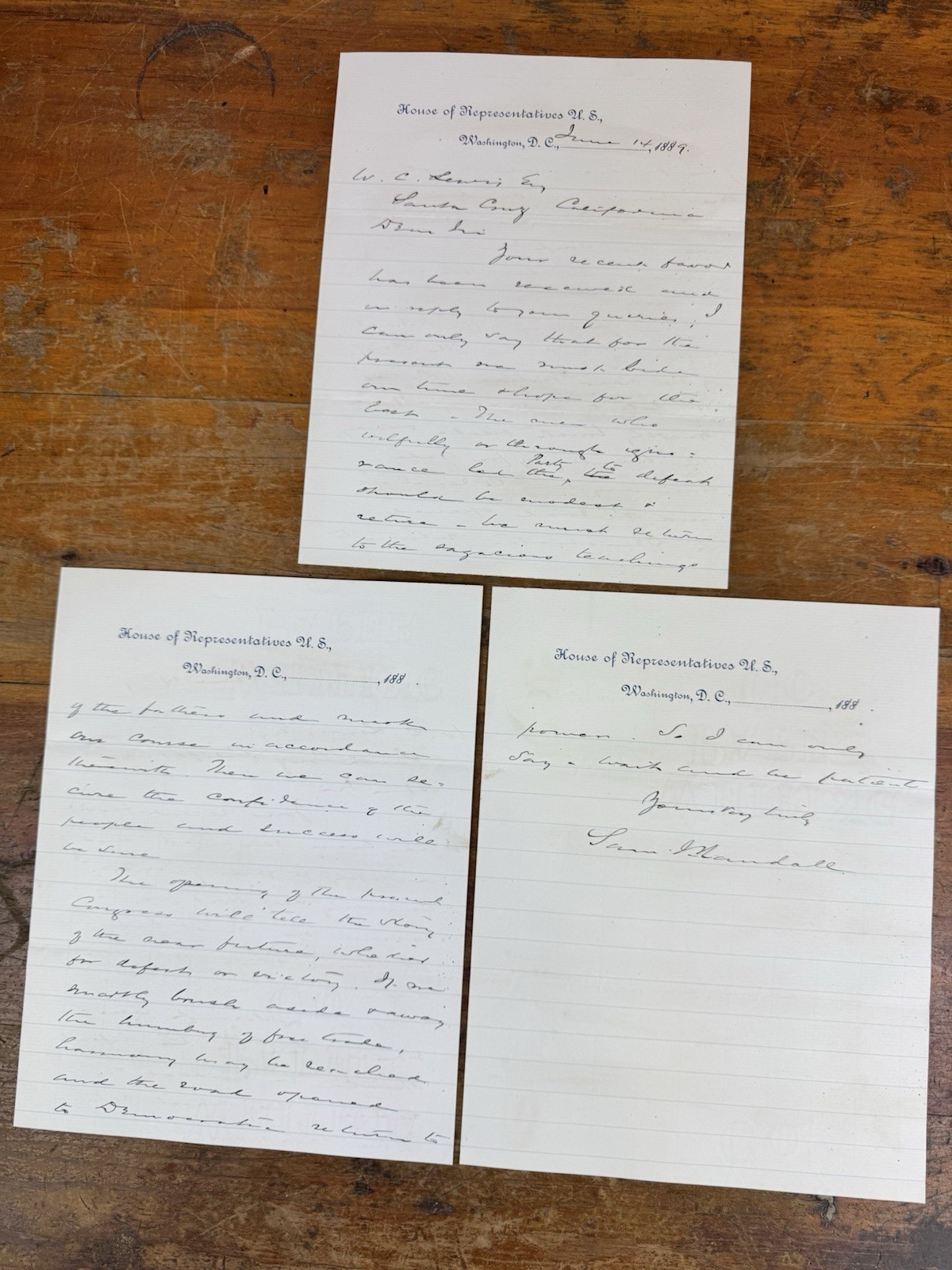 1889 U.S. Congressman Sam J. Randall (D) PA  3 Page Letter, Congress Stationary