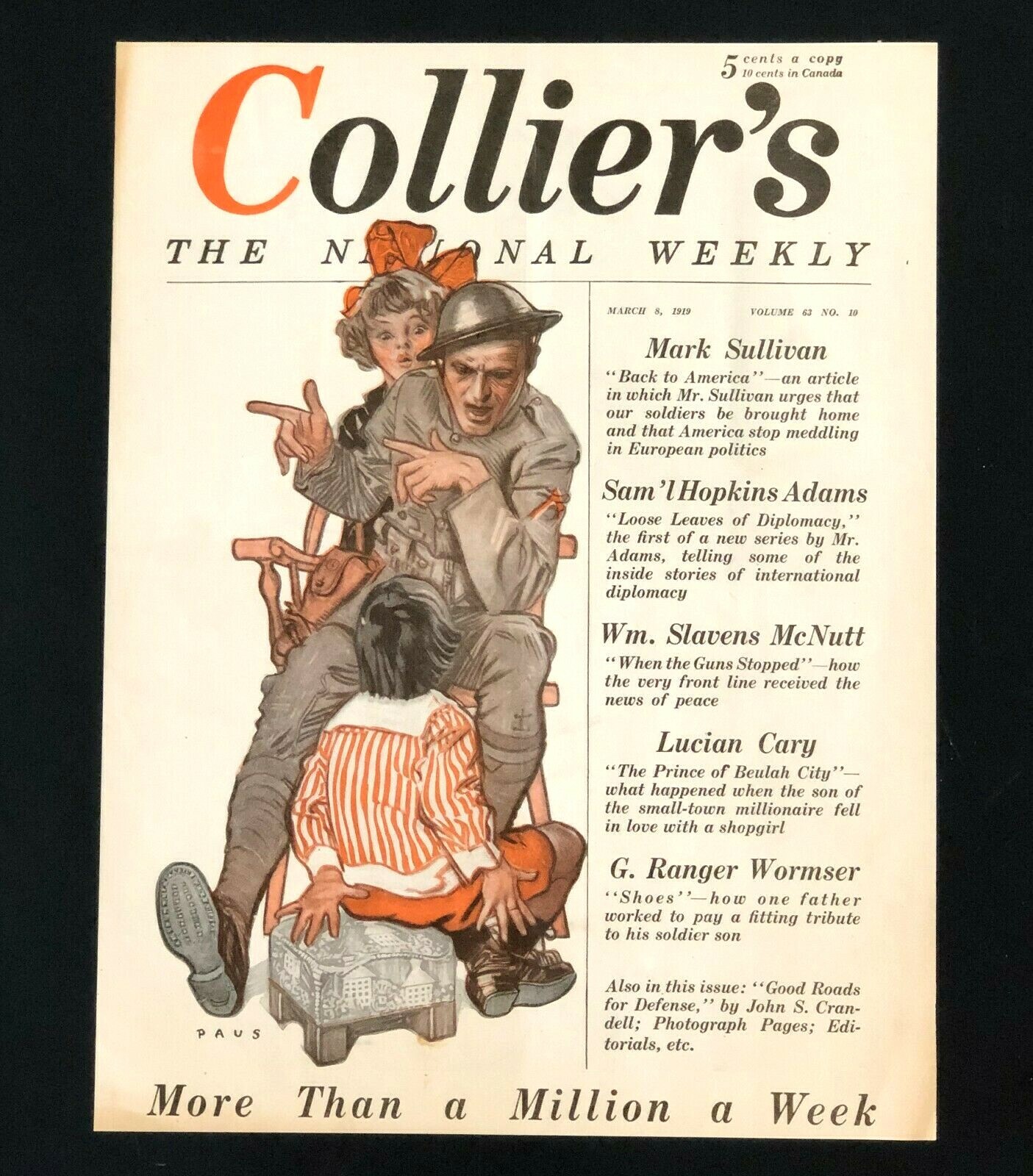1919 Colliers Magazine Cover Soldier Telling Children WW I Stories Art Antique