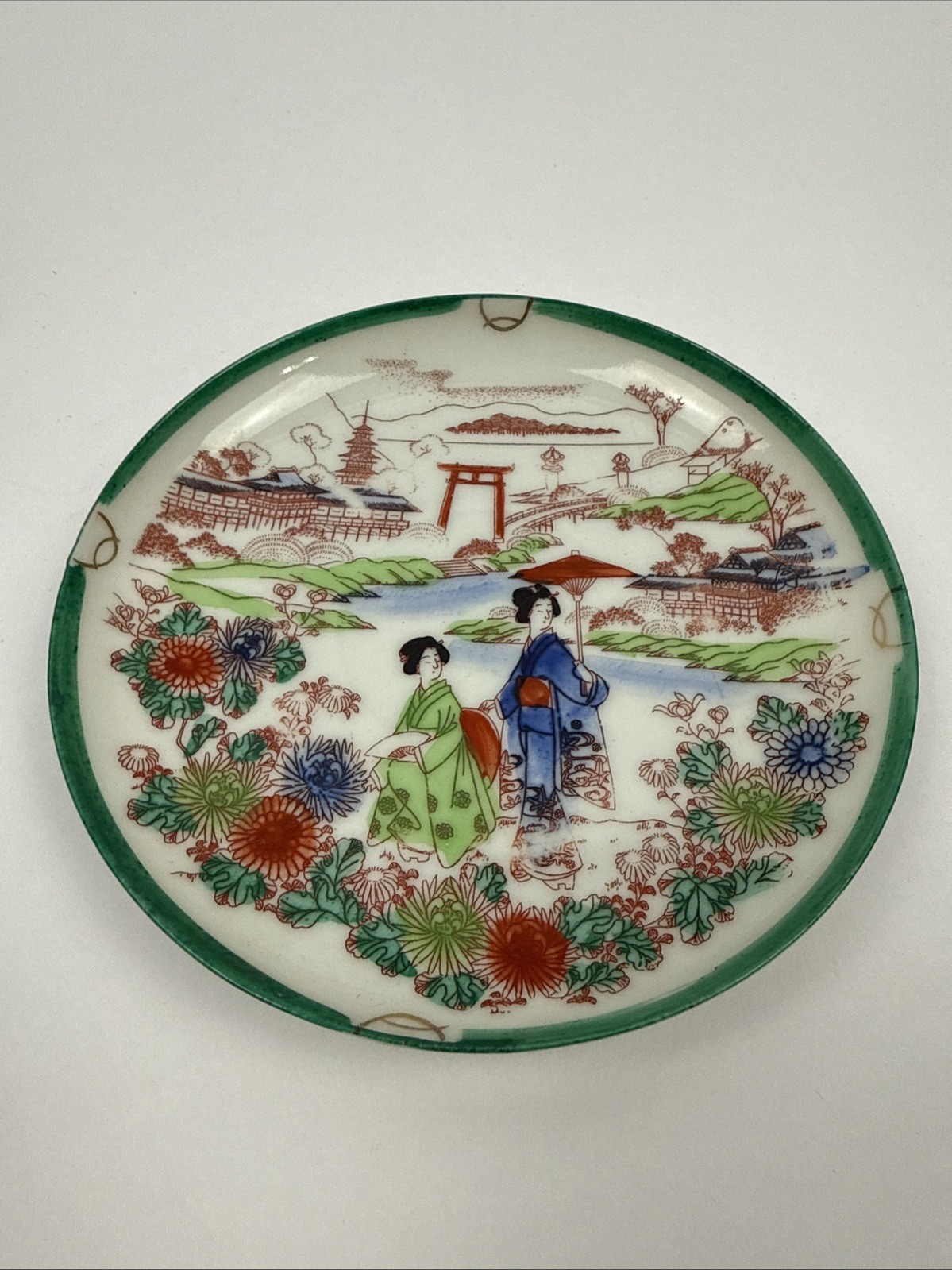 Japanese Eggshell Porcelain Saucer Geisha Girls Japan Vintage