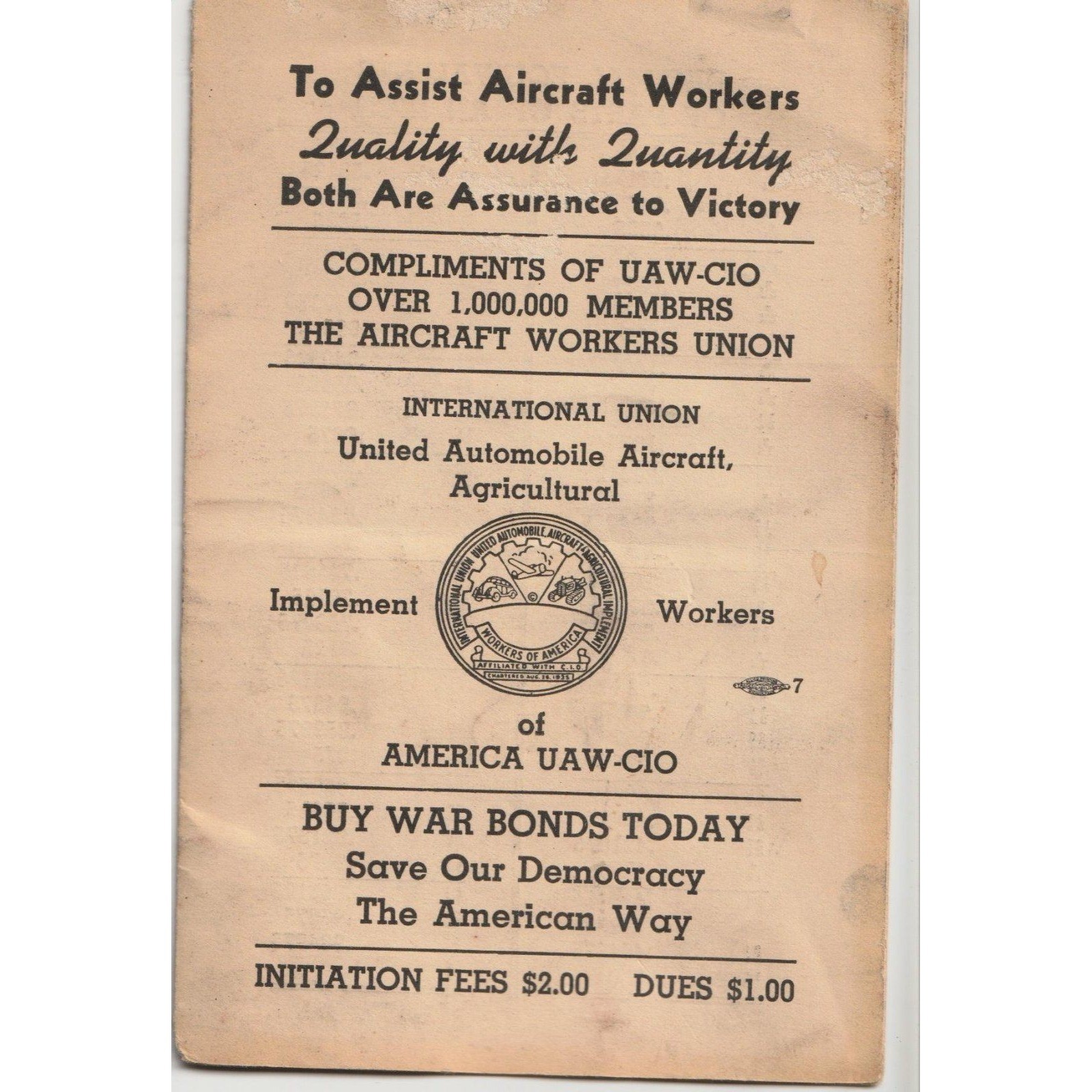 Vintage 1940s WWII UAW-CIO Aircraft Workers Union Booklet War Bonds Home Front