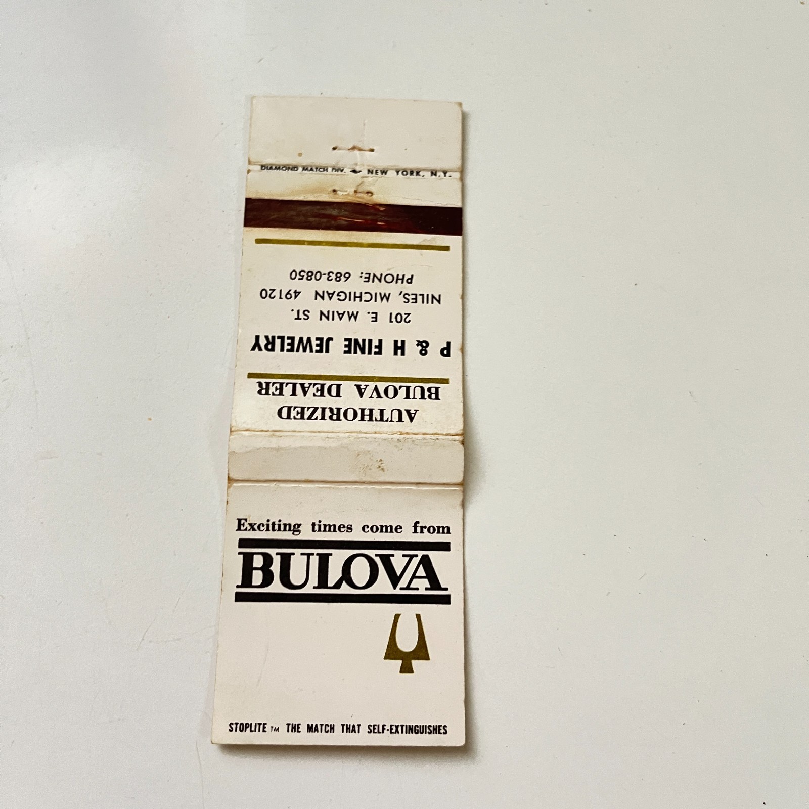P&H Fine Jewelry Auth Bulova Dealer Niles MI Vintage Matchbook Cover TMB95-6