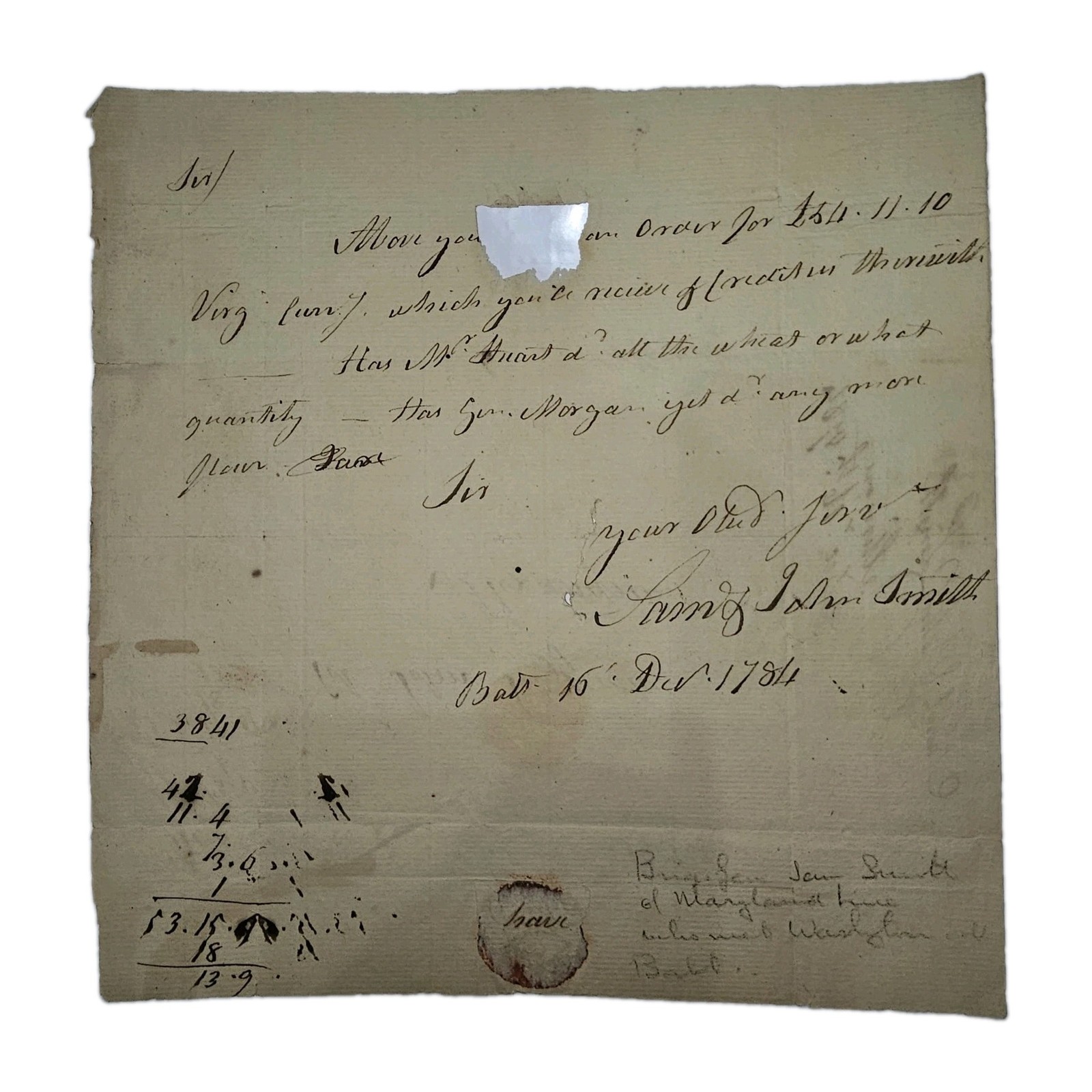 1784 Revolutionary War HW ALS Gen. Samuel Smith Baltimore To John Fitzerald w/WM