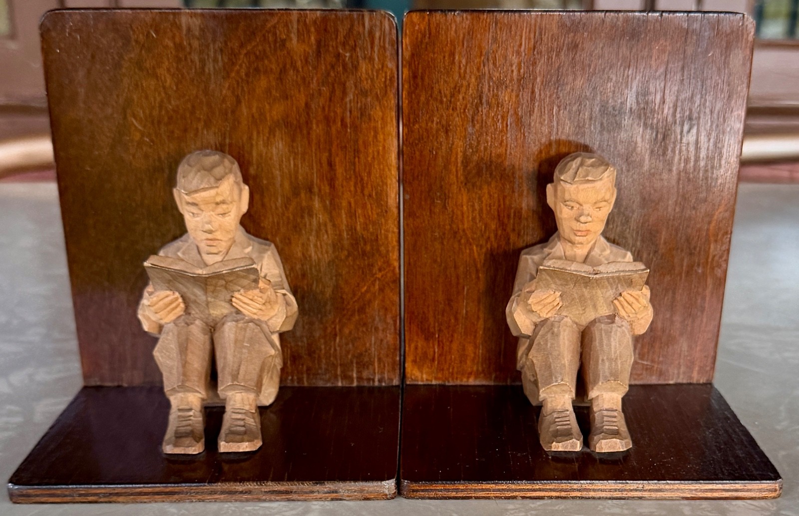 Vintage Hand Carved Wood Bookends Boy Reading 700VPL Alpine Folk Art