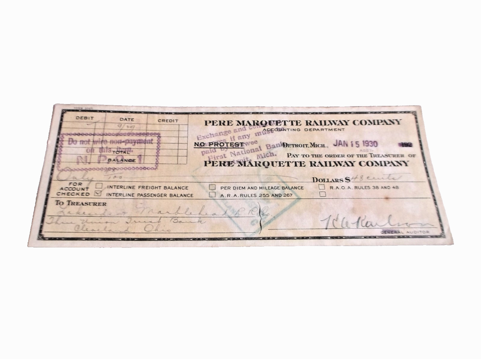 1930 PERE MARQUETTE CHECK