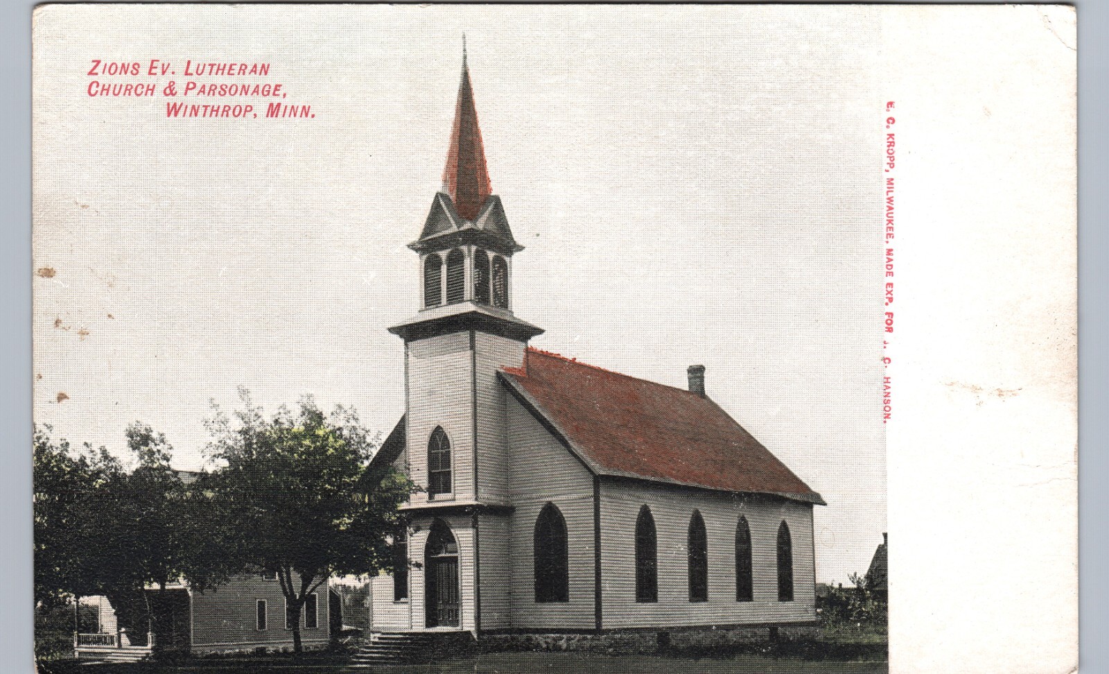 ZIONS EV LUTHERAN CHURCH winthrop mn original antique postcard minnesota