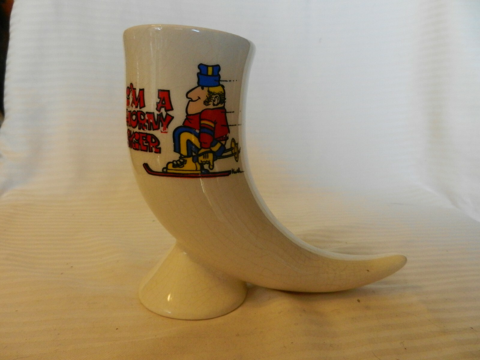 Vintage I\'m A Horny Skier White Ceramic Horn Beer Mug 6\