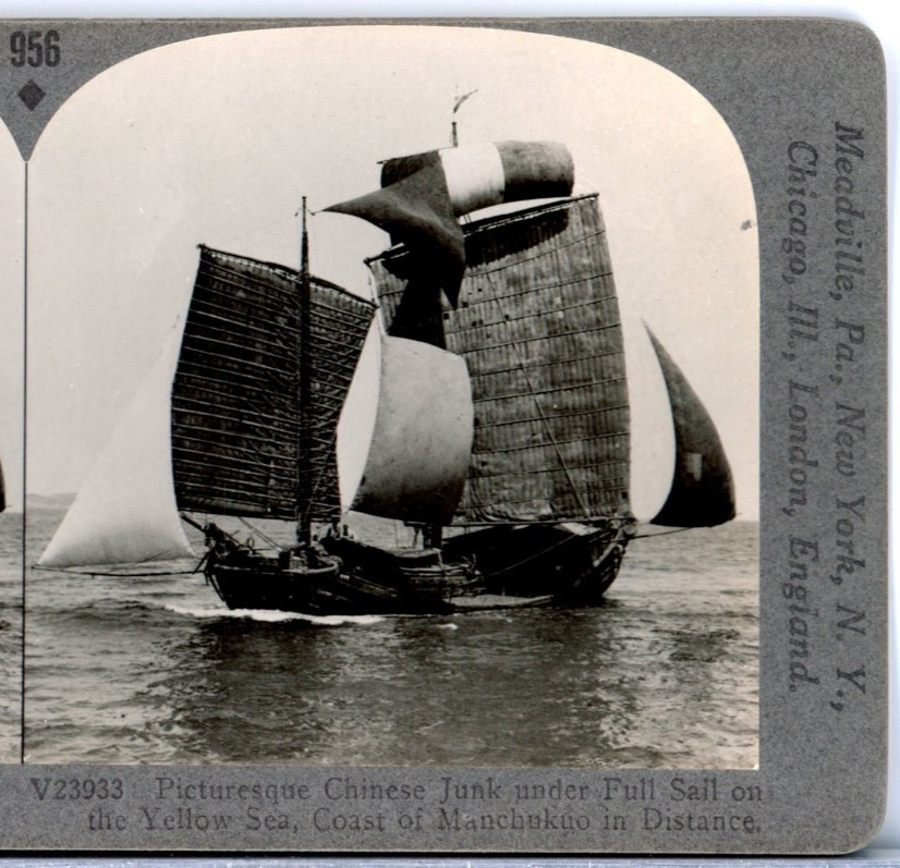 China, Picturesque Chinese Junk On The Yellow Sea-Keystone Stereoview C131