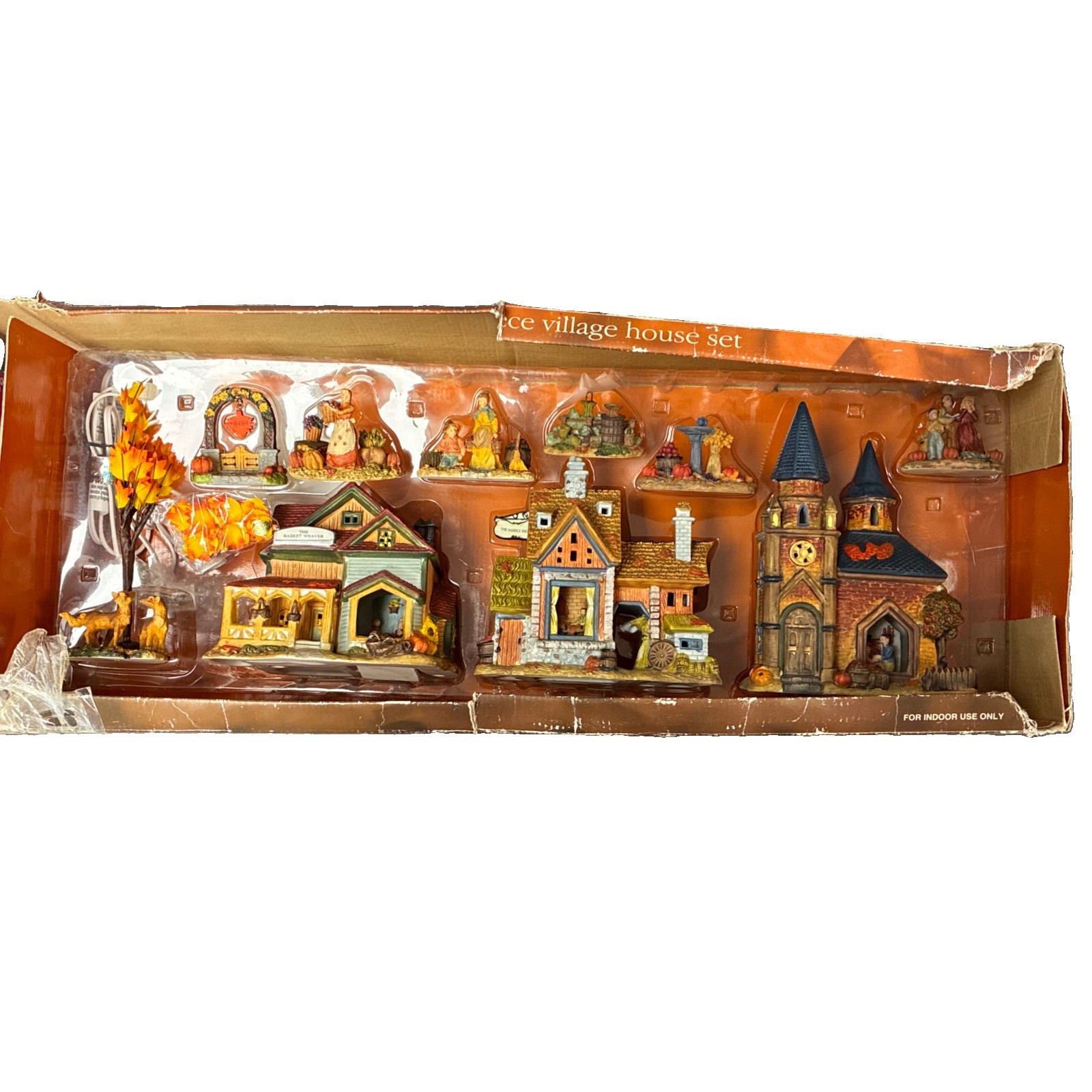 Vtg Holiday Time Thanksgiving 10 Pc Village House Set Lighted Fall Decor Harvest