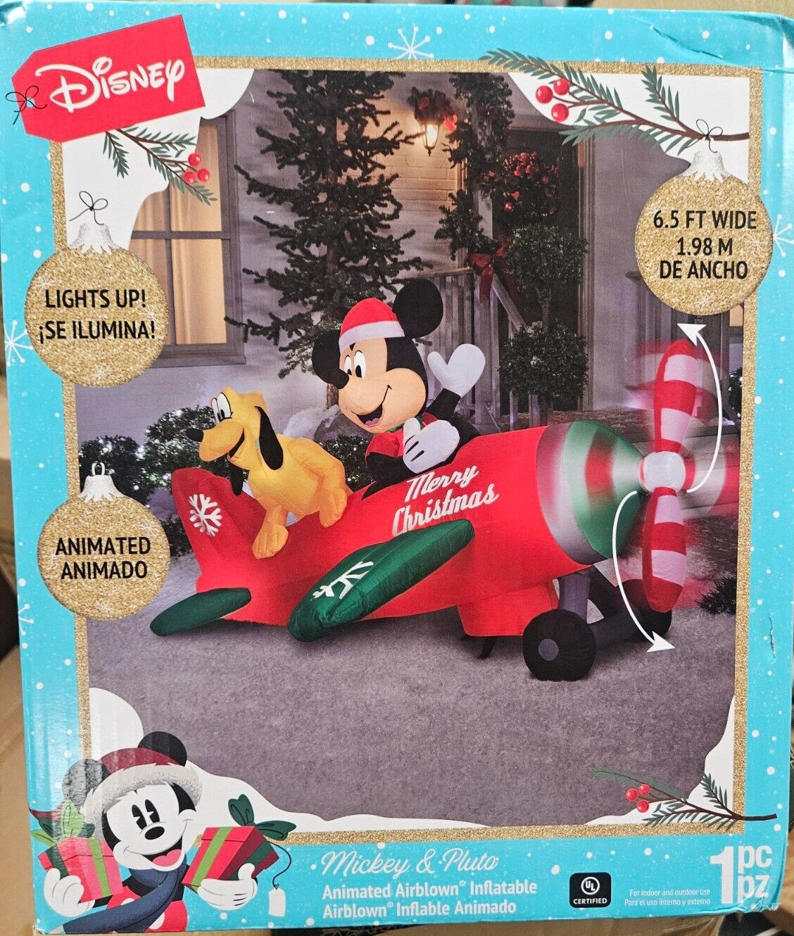 Gemmy 6.5ft Wide Disney\'s Animated Mickey & Pluto Airplane Christmas Inflatable