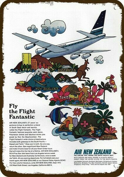 1967 NEW ZEALAND AIRLINES Vintage Look DECORATIVE METAL SIGN - 60's PSYCHEDELIC 