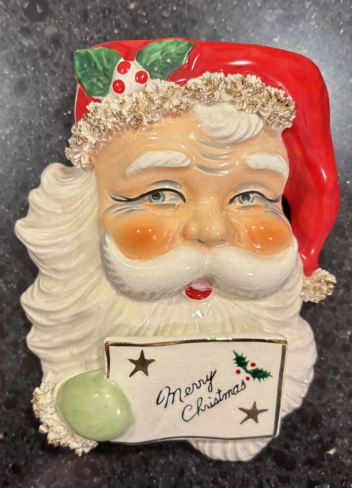 Santa Wall Pocket Spaghetti Trim Vintage Merry Christmas Ceramic Japan 4413