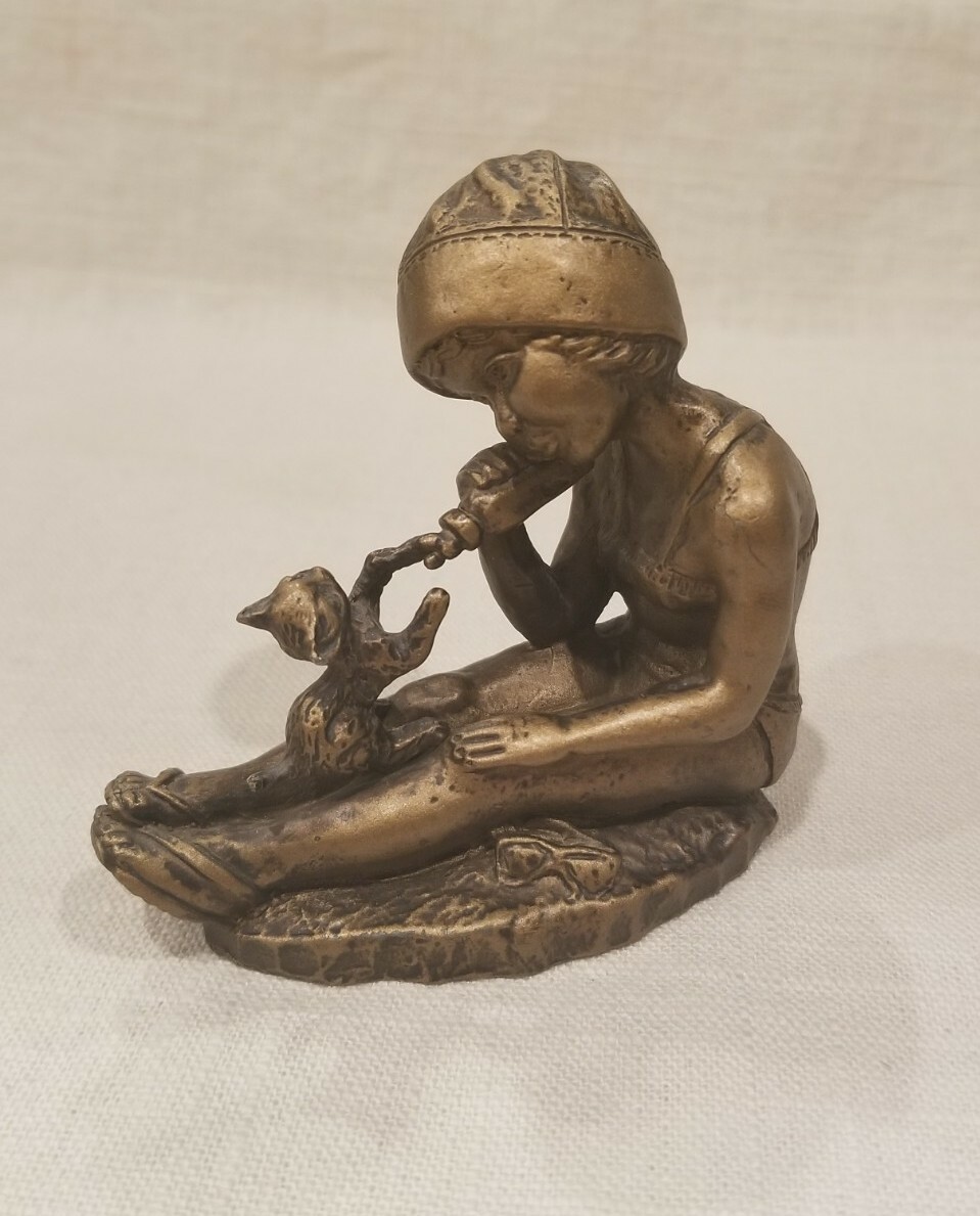 RARE Vintage Girl Feeding Kitten At The Beach Brass Metal Sculpture Signed SHL