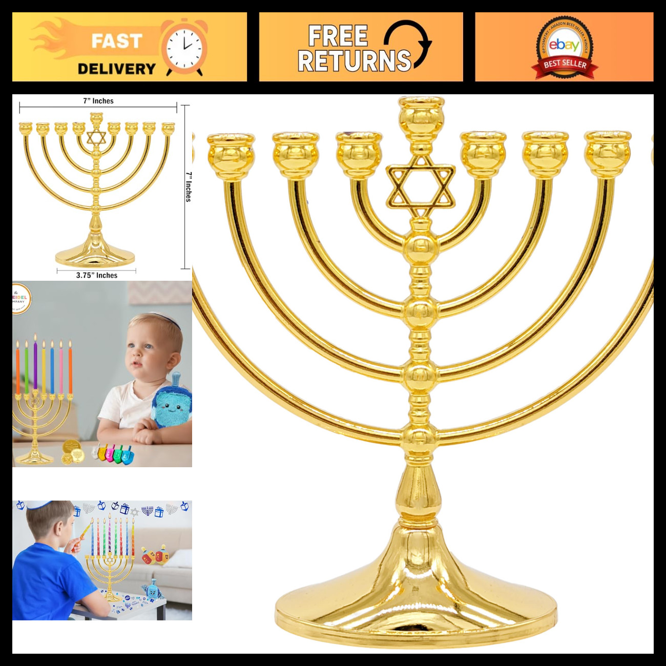 Antique Gold Menorah with Star Design - Full Size 7\