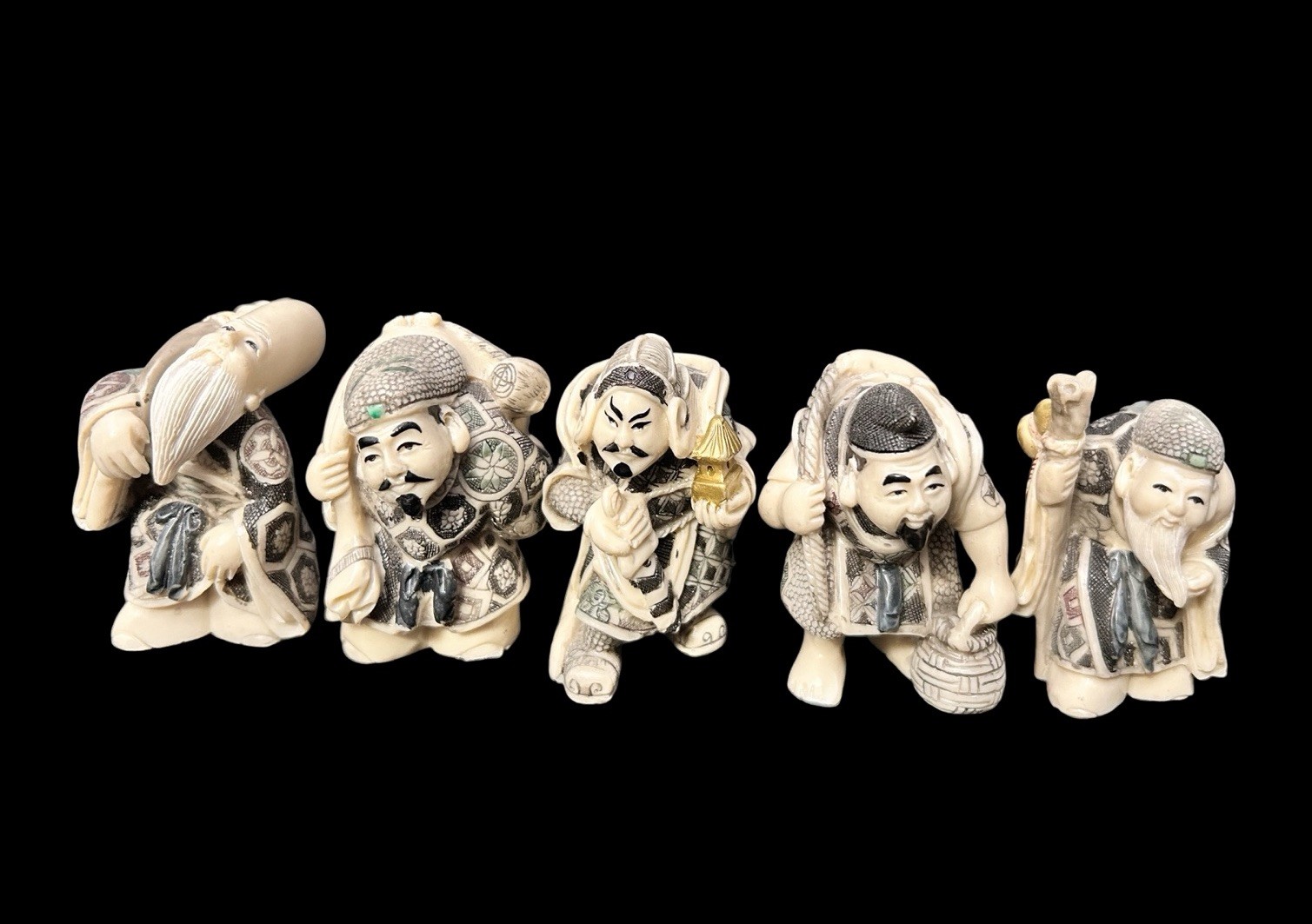 5pc VTG Japanese Seven Lucky Gods Shichifukujin Netsuke Carved Figurines READ