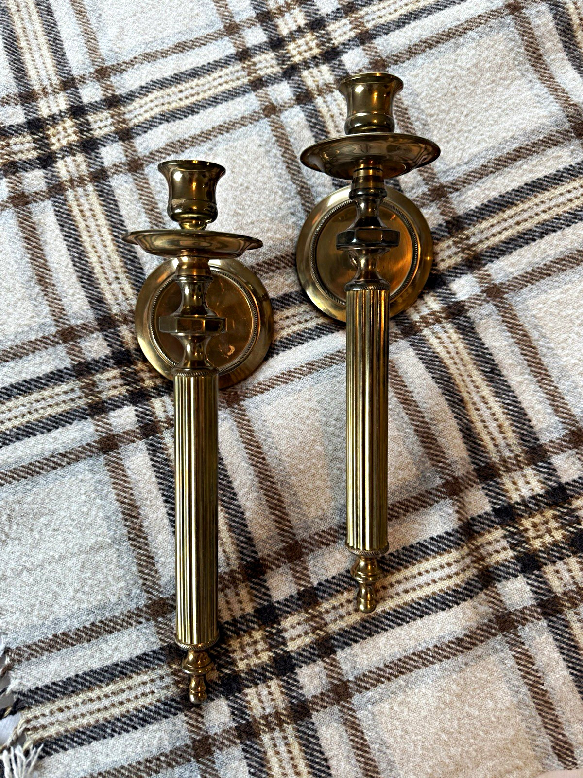 Vintage Gatco Brass Wall Mounted Taper Candle Sconces, Traditional Round, Pair