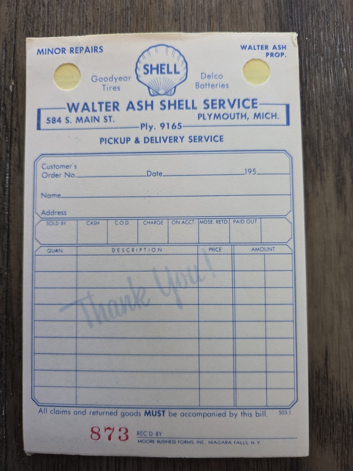VTG Rare 1940's Bill Receipts Lot Walter Ash Shell Service Plymouth MI Michigan 