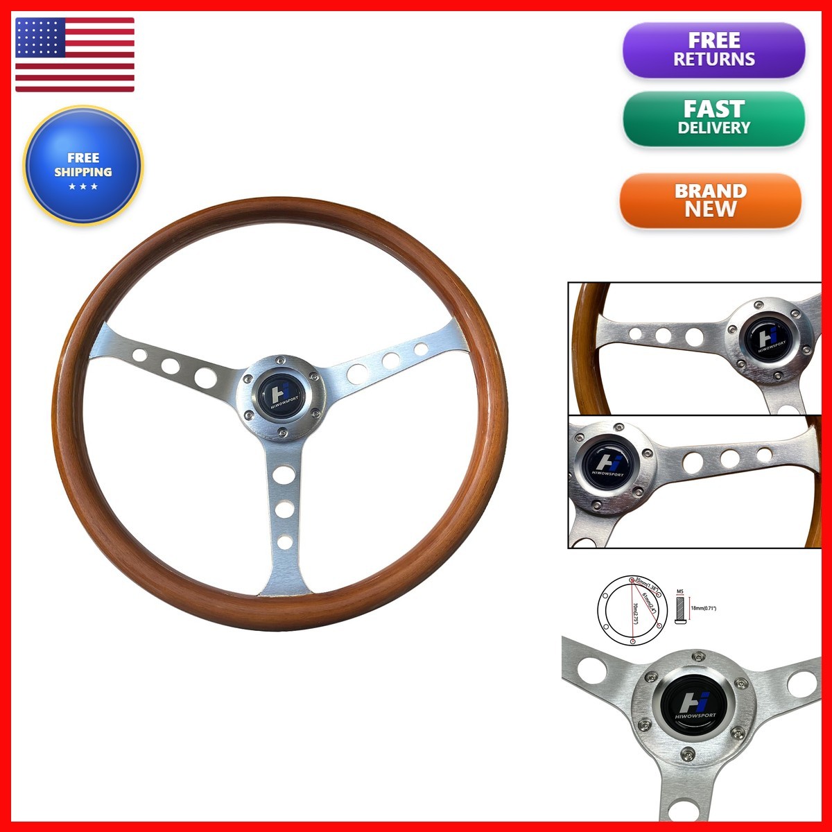 Hiracing 15inch Wood Grain Steering Wheel Horn Button Brushed Spoke 021