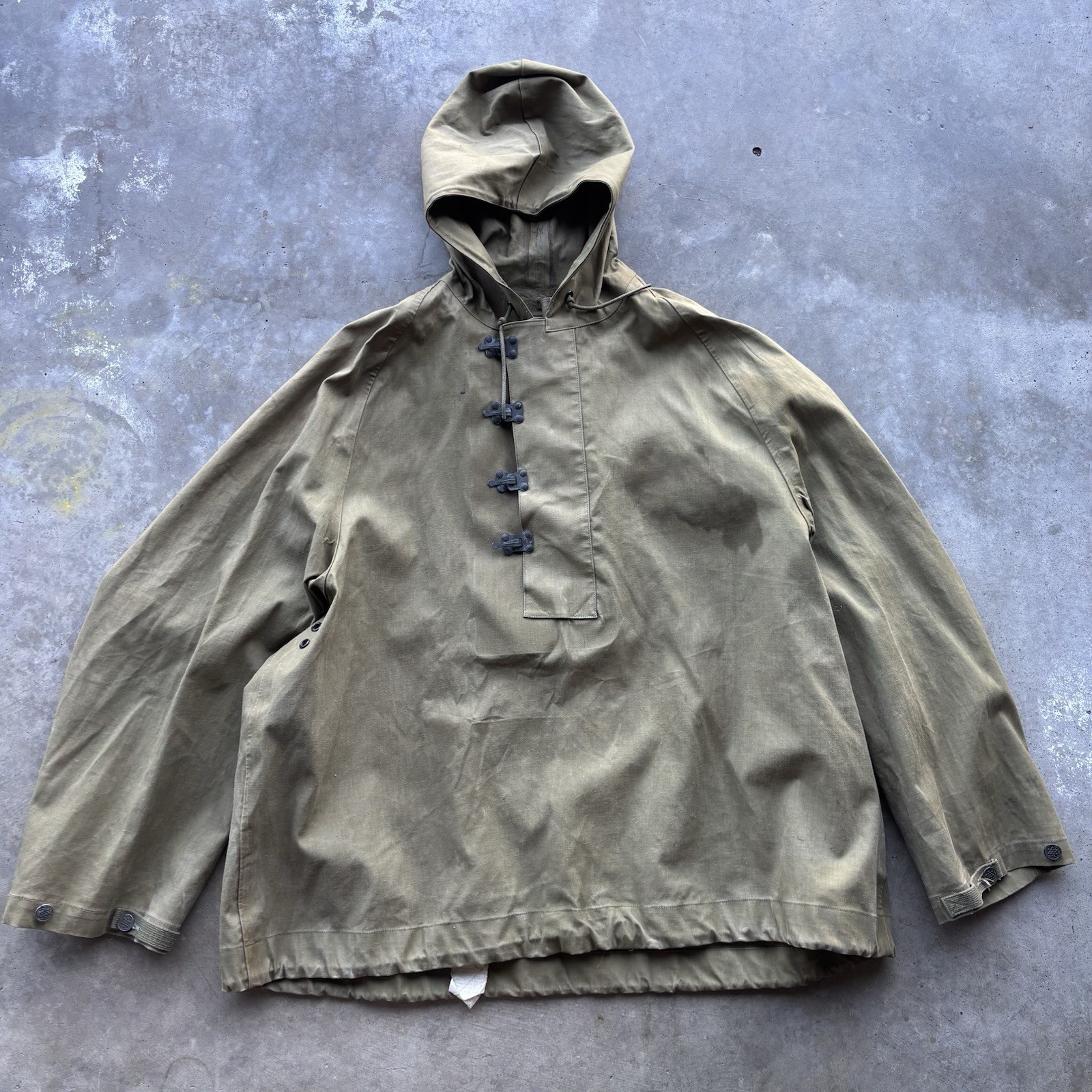 Vintage 1940s WW2 US Navy Foul Weather Smock Hooded Jacket Sz L Clasp Gunner