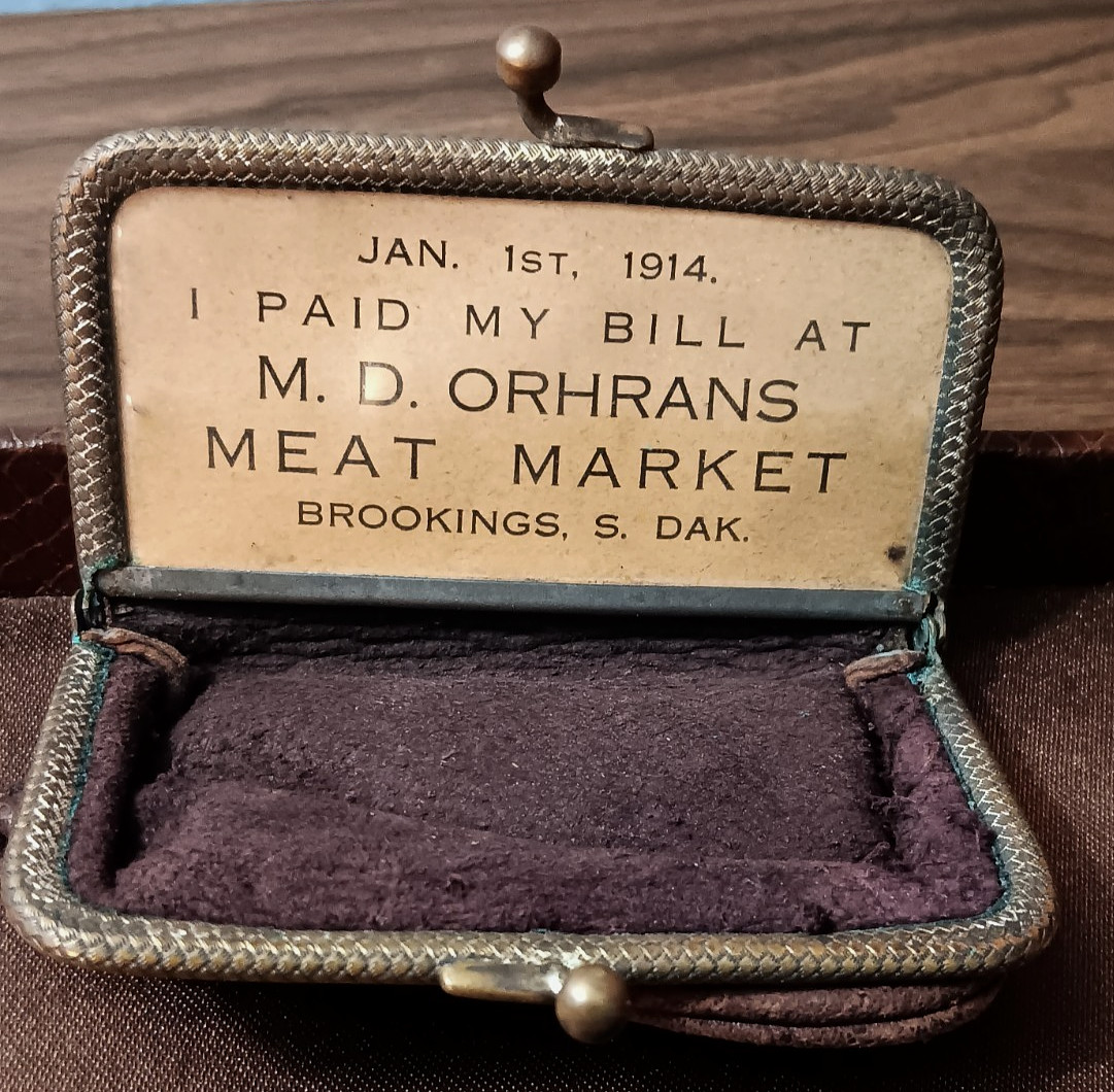 1914 MD ORHRANS Meat Market promo Leather COIN PURSE POUCH Brookings S DAKota