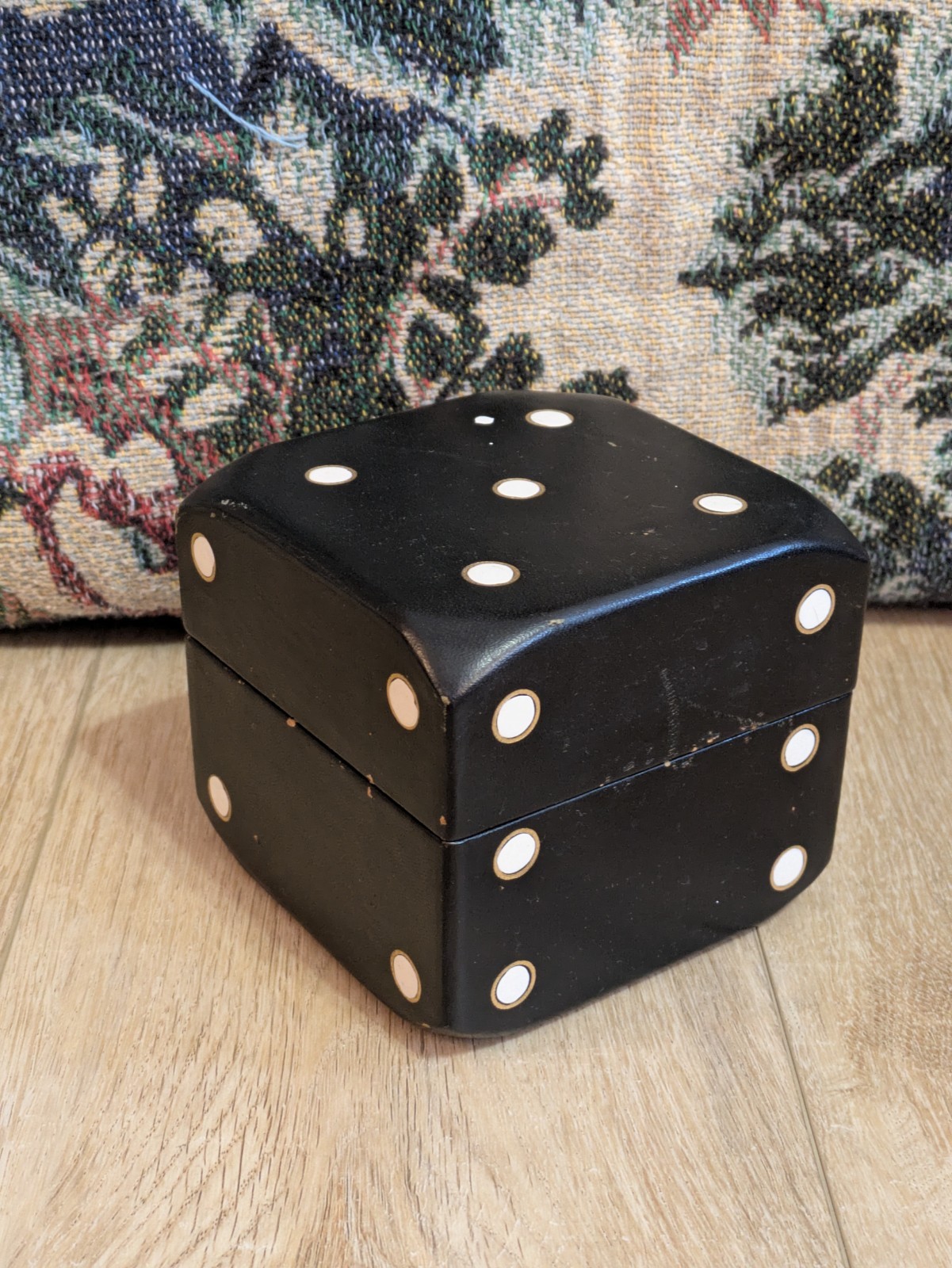 Vintage Wooden Leather Covered Dice Shaped Playing Card Box 6 Sided