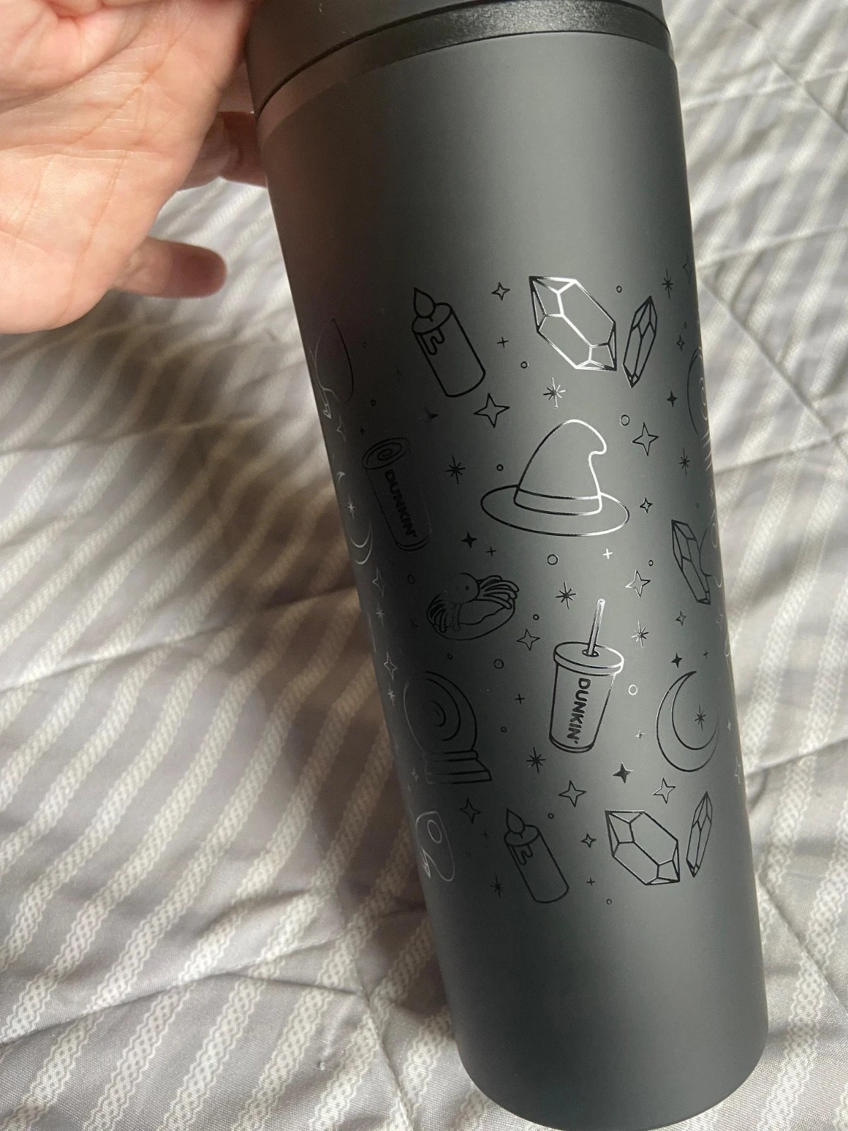 New Salem Runs On Dunkin' Donuts Black Tumbler Cup 18oz Halloween MA