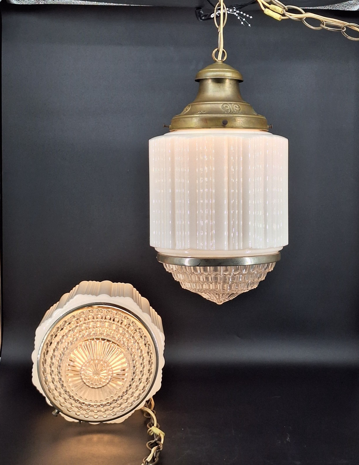 Antique 1920s Hanging Art Deco Milk Glass Skyscraper Pendant Light Fixture