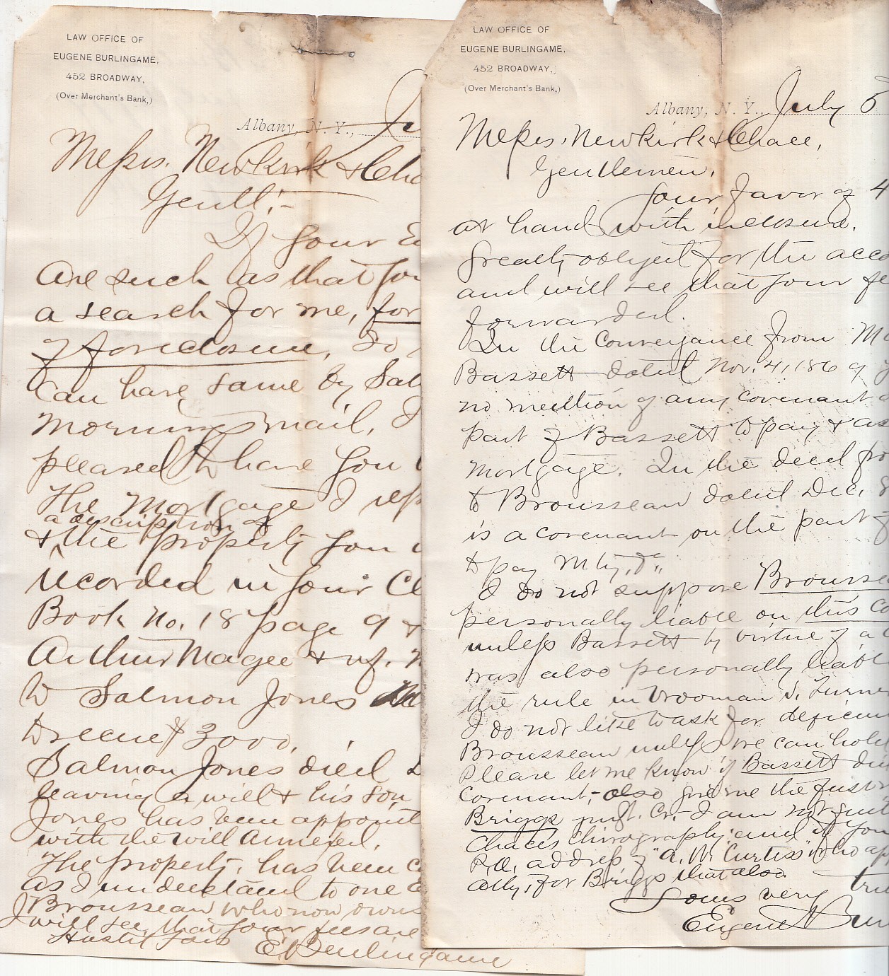 1879 Salmon Jones Bassett 2 Handwritten Letters Burlingame Albany to Hudson NY