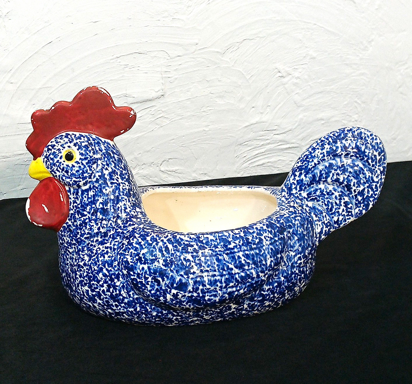 Vintage Blue Speckled Ceramic Chicken Hen Figurine Bowl Planter Country Style