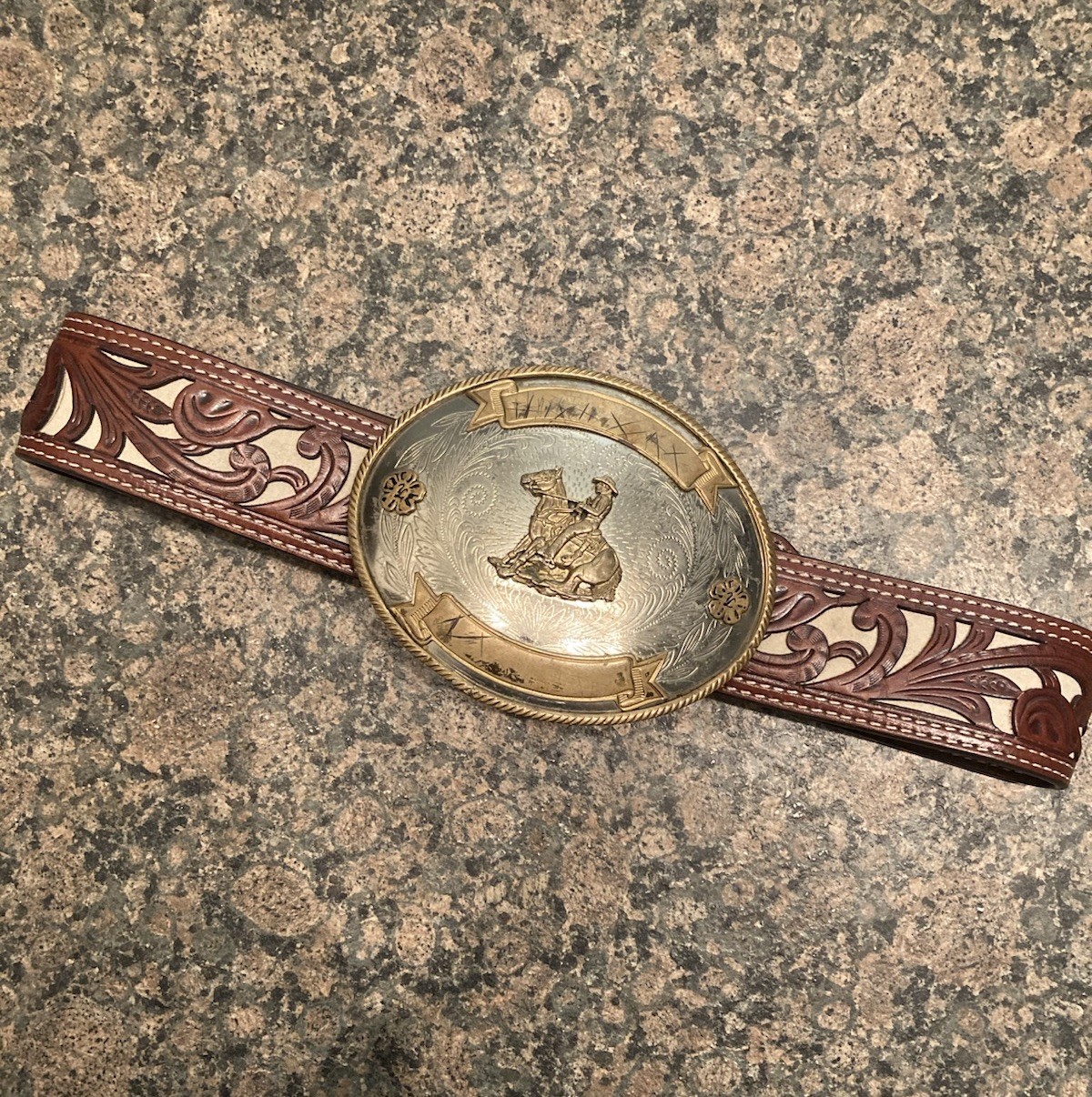 Vintage Tony Lama German Silver Bronze Rodeo Buckle Nocona Leather Belt Sz 36