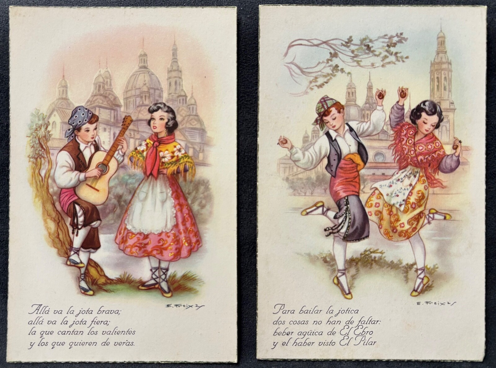 SPAIN-LOT (2) POSTCARDS ARTIST SIGNED FRIEX~YOUNG COUPLE DANCING & SINGING